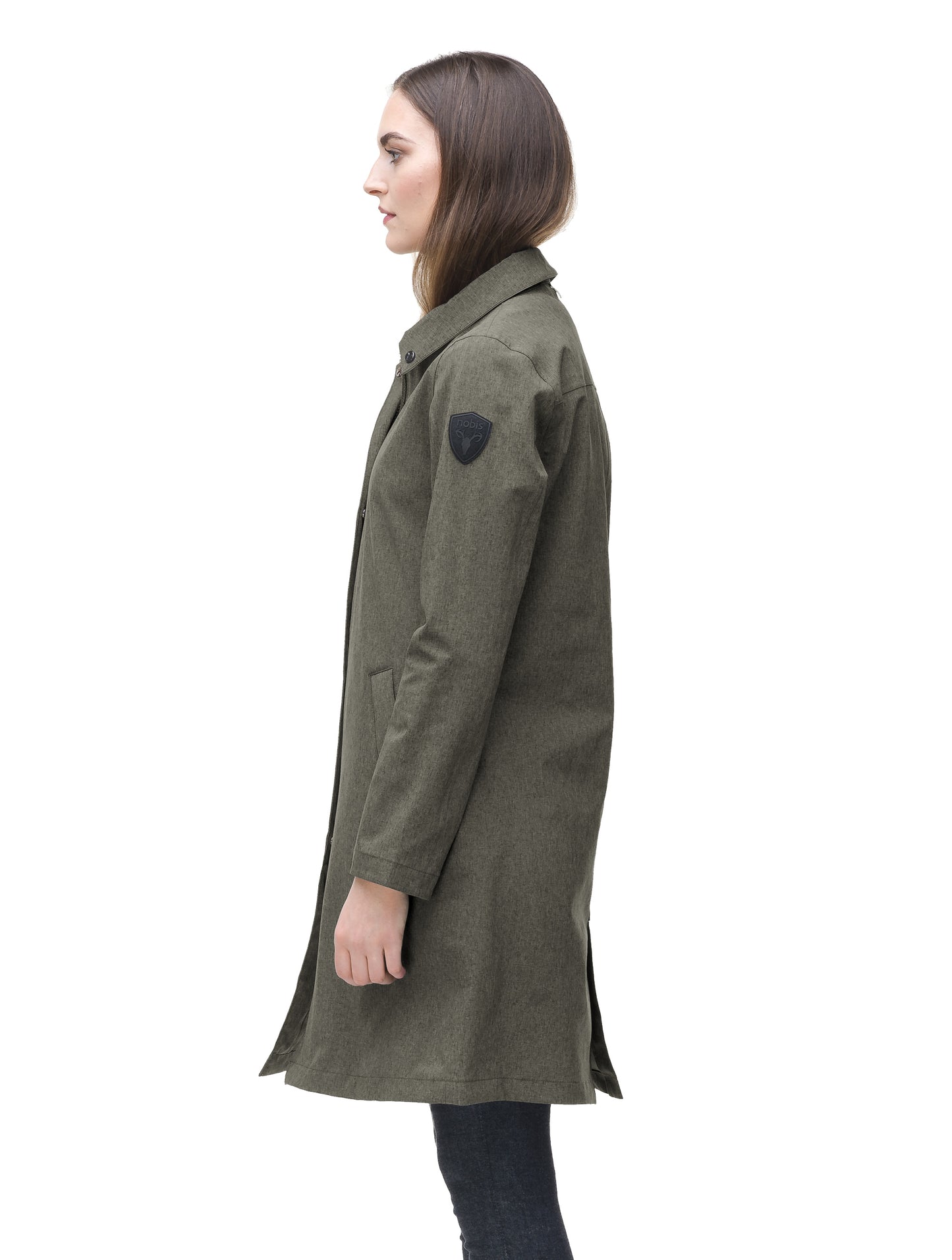 Women's thigh length collared rain jacket in Army Green