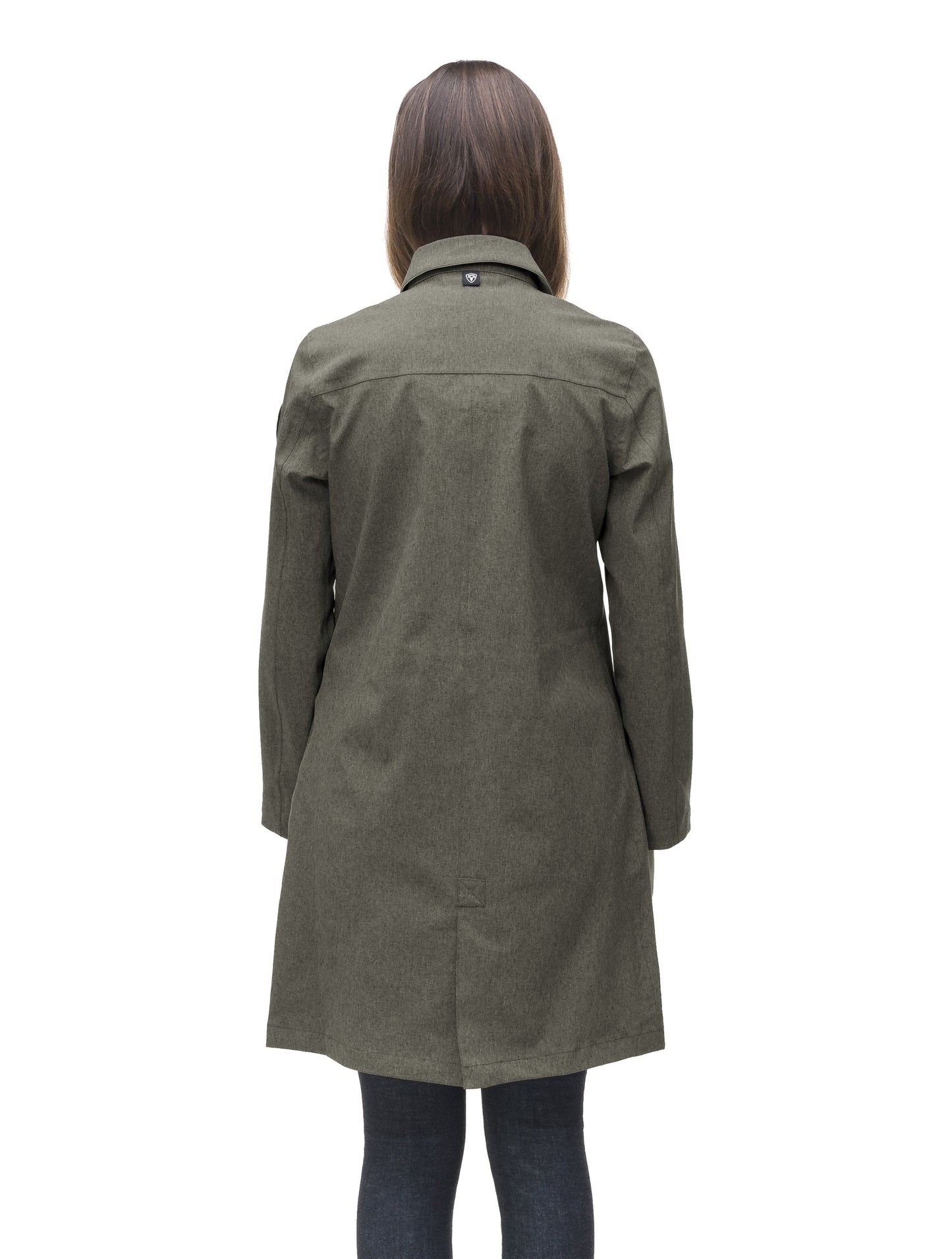 Women's thigh length collared rain jacket in Army Green