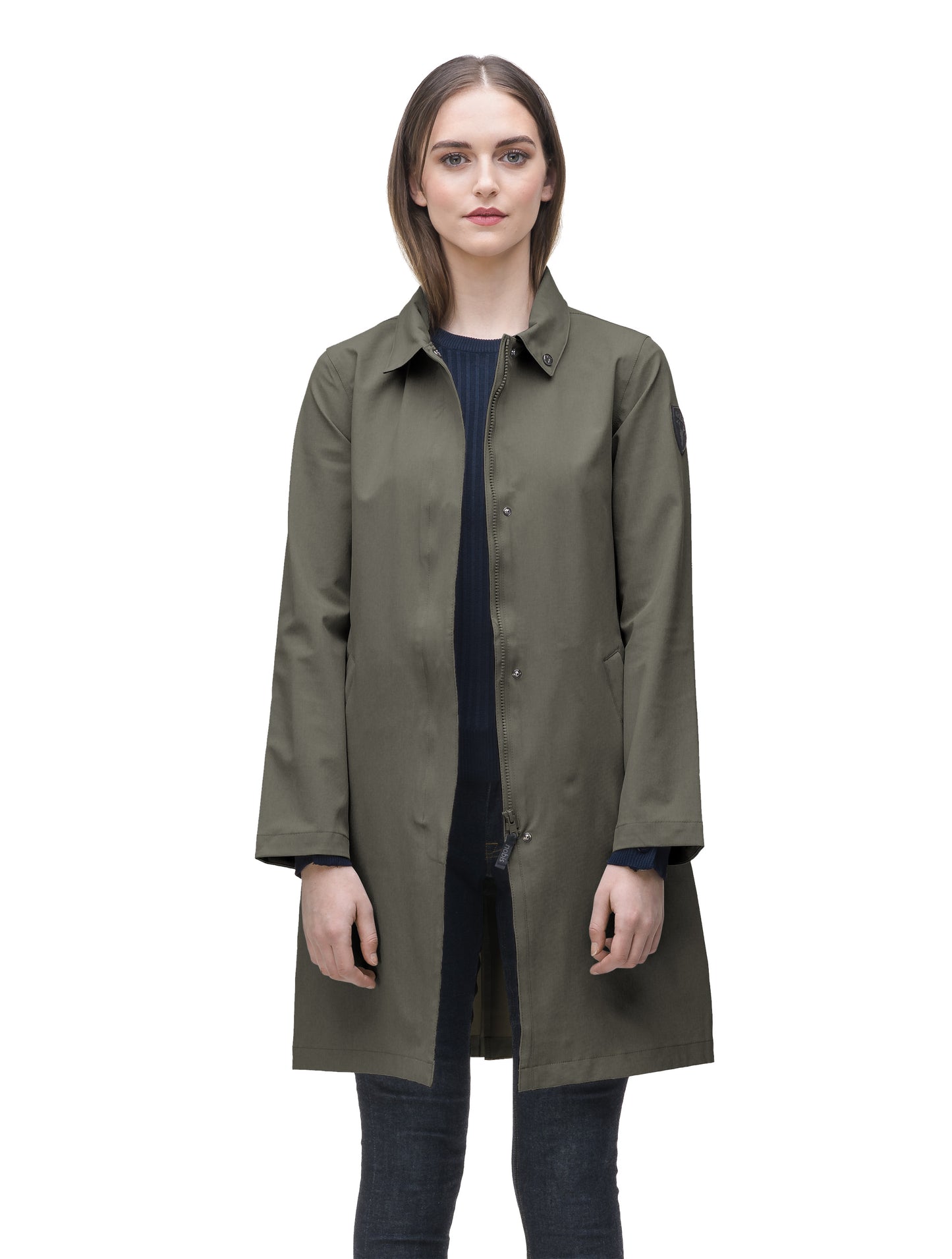 Women's thigh length collared rain jacket in Army Green