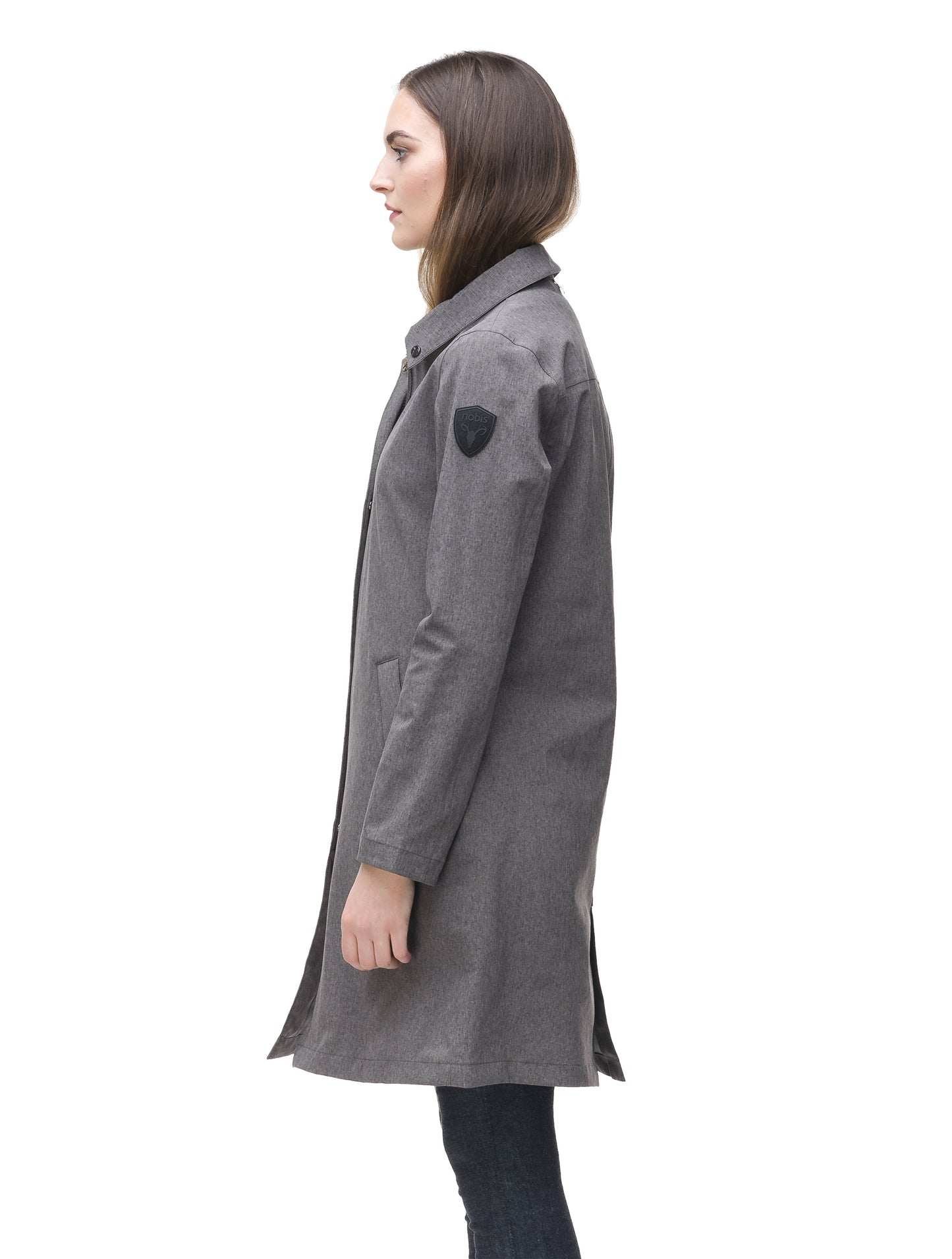 Women's thigh length collared rain jacket in Dk Grey