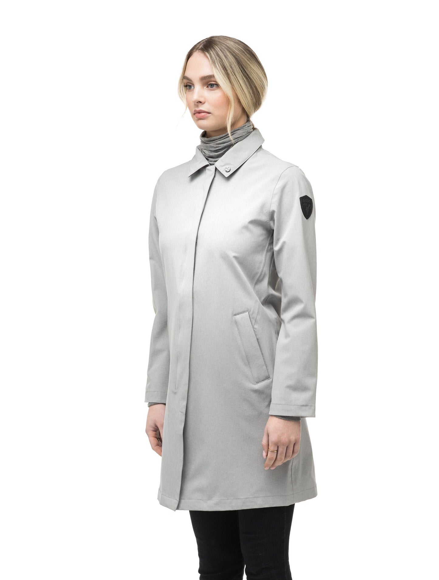 Women's thigh length collared rain jacket in Light Grey