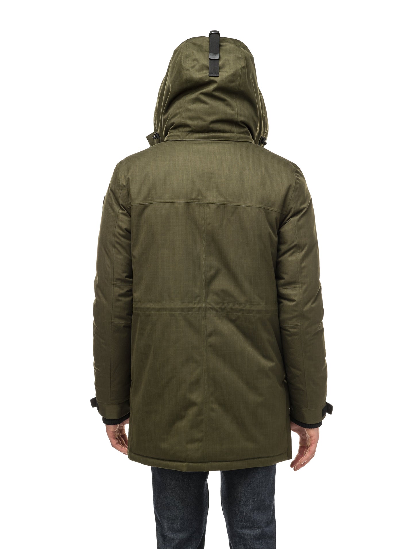 Mid weight men's down filled parka with two patch pockets at the hip and snap closure side vents in Fatigue