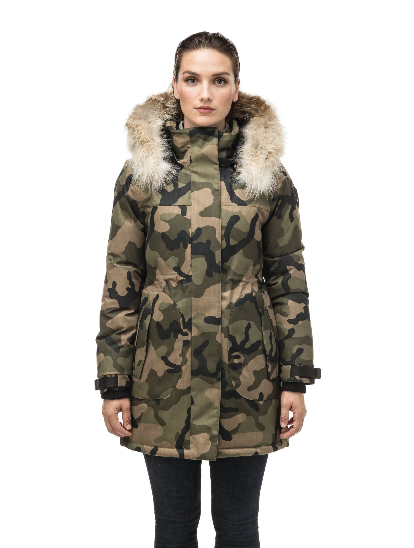 Thigh length women's down filled parka with side entry pockets and drawcord waist, removable hood and fur trim in Camo