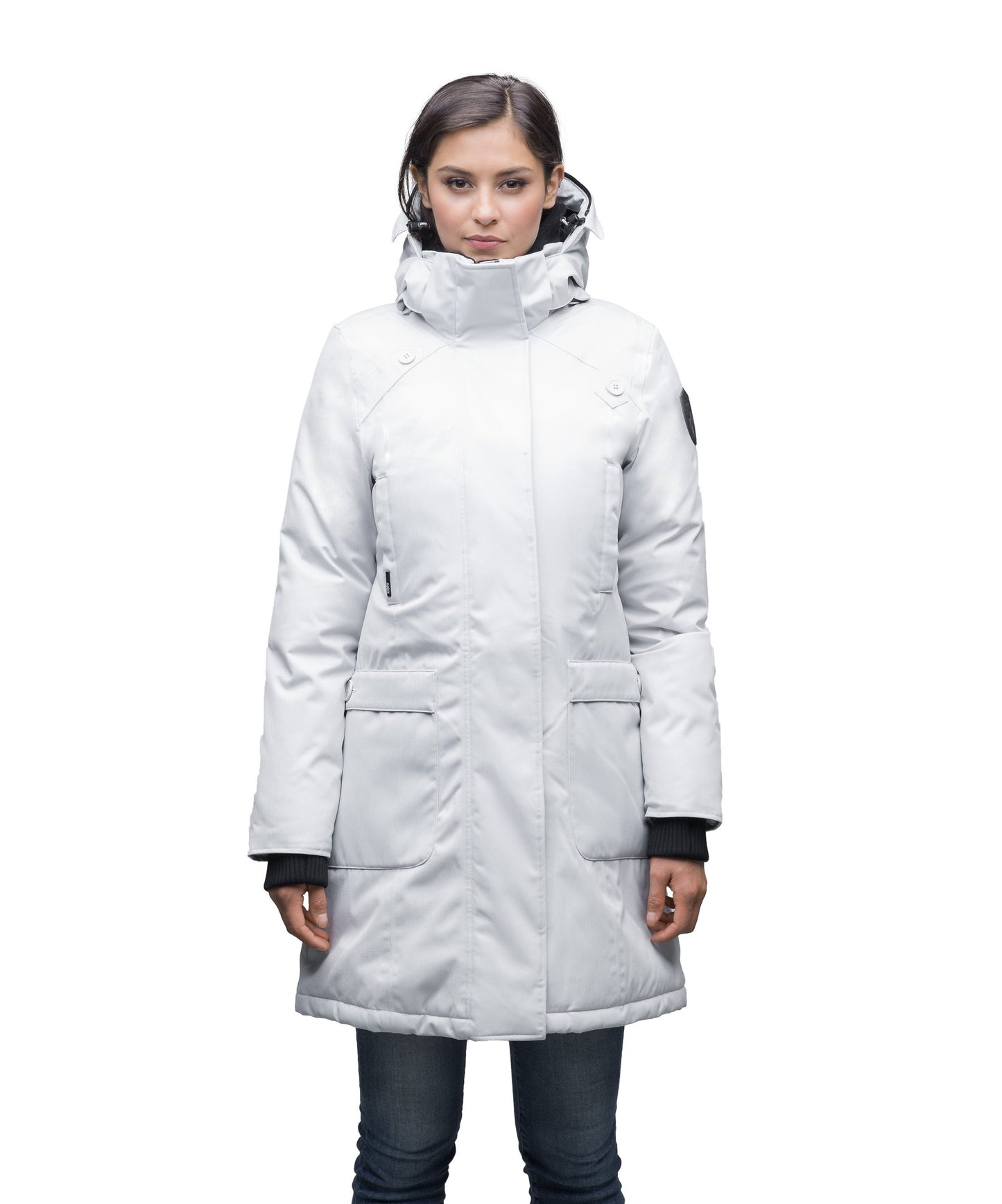Best selling women's down filled knee length parka with removable down filled hood in CH Light Grey