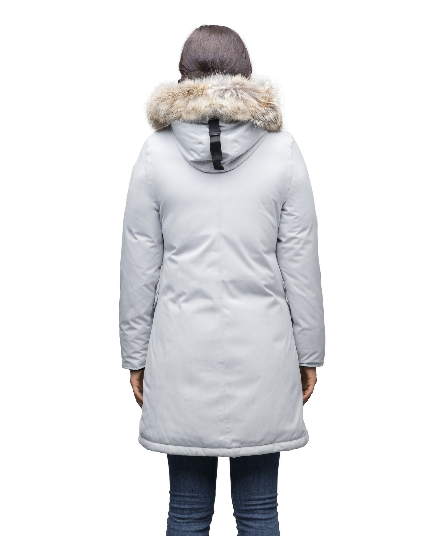 Best selling women's down filled knee length parka with removable down filled hood in CH Light Grey