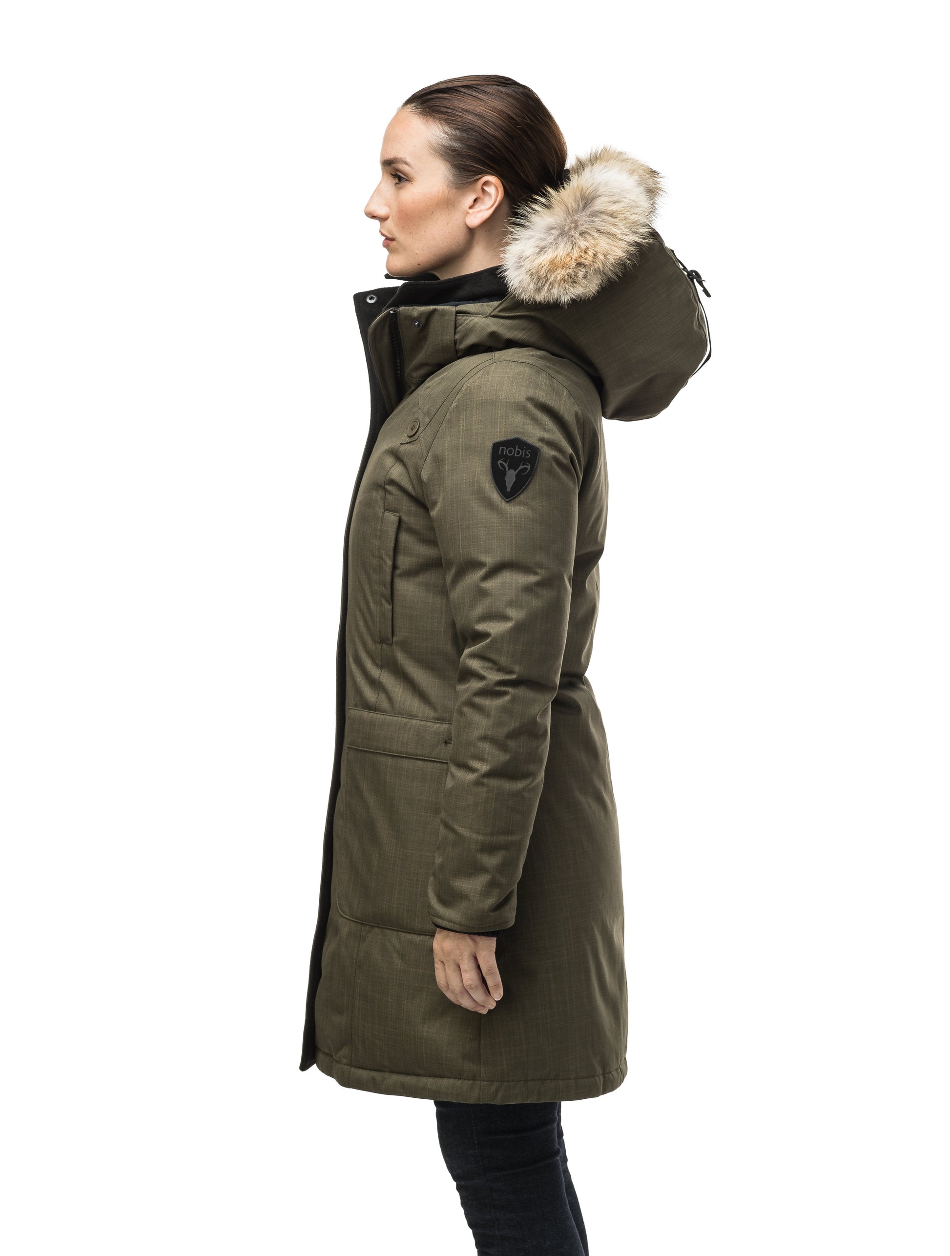 Best selling women's down filled knee length parka with removable down filled hood in CH Army Green