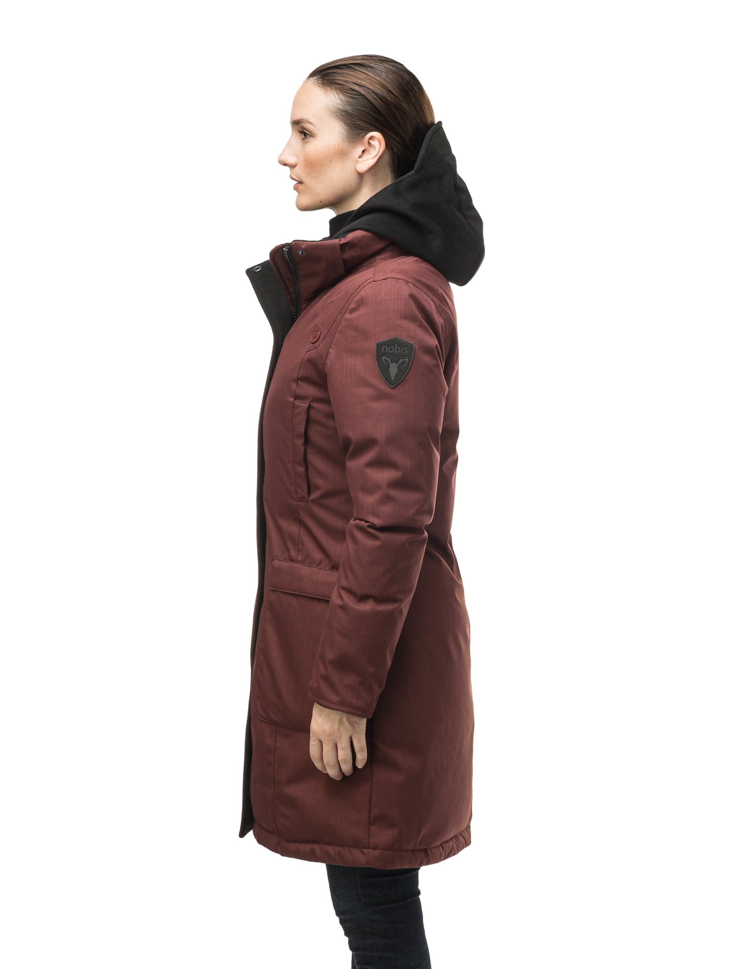 Best selling women's down filled knee length parka with removable down filled hood in CH Rum