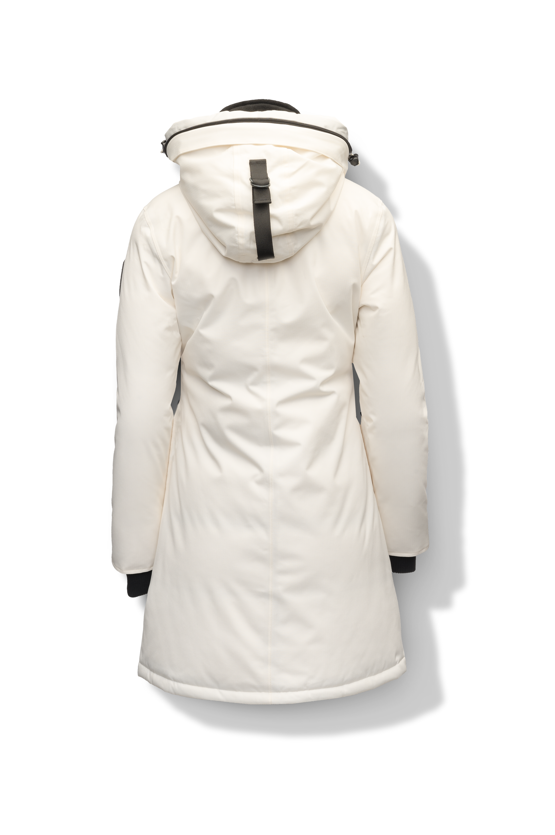 Best selling women's down filled knee length parka with removable down filled hood in Chalk