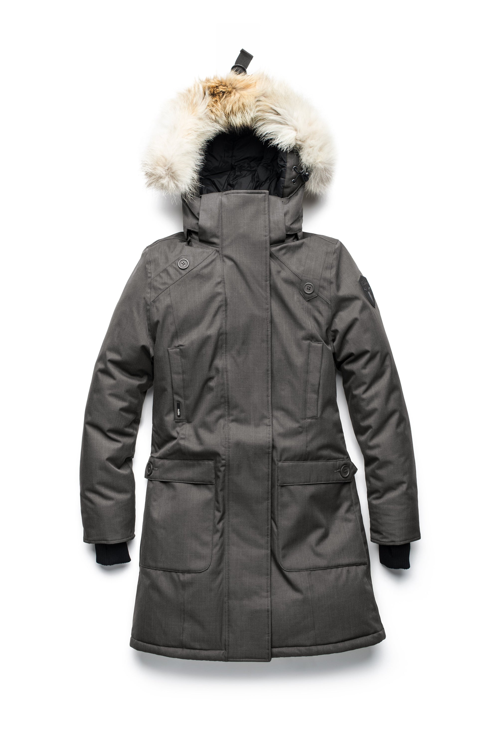 Best selling women's down filled knee length parka with removable down filled hood in CH Steel Grey