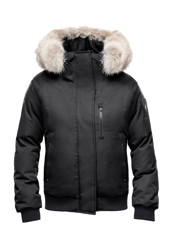 Women's down filled bomber jacket with fur trim hood in CH Black