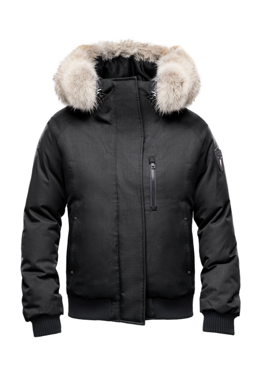 Women's down filled bomber jacket with fur trim hood in CH Black