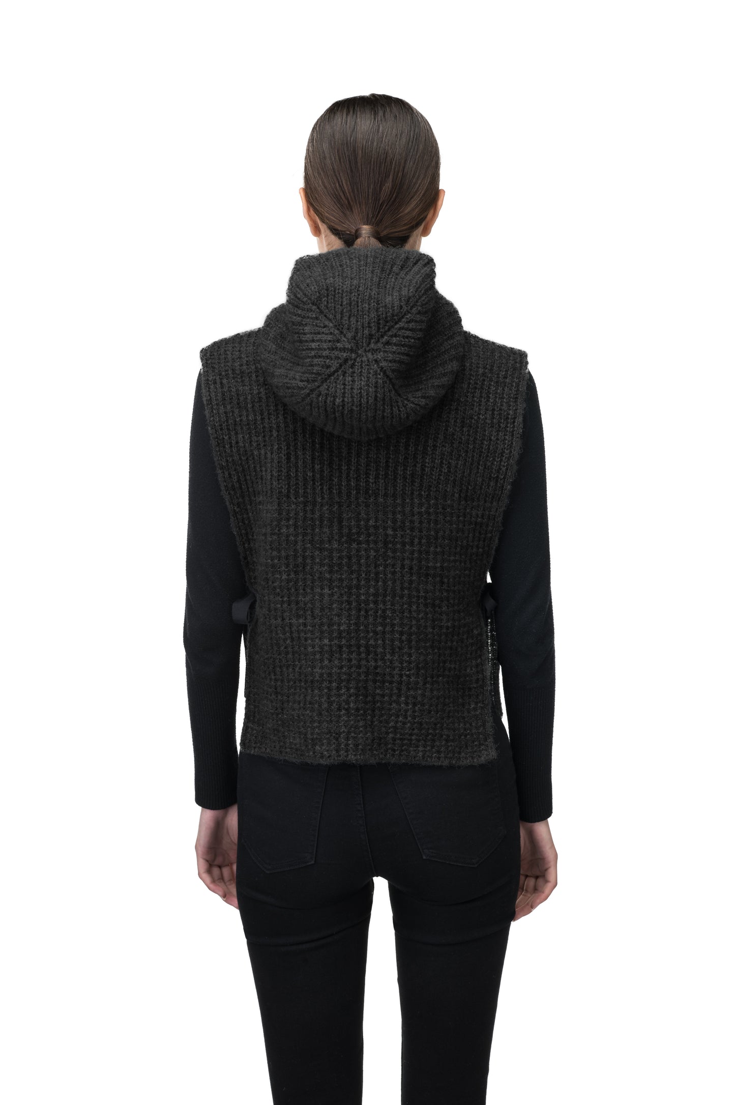 Nars Unisex Knit Hooded Dickie in in superfine alpaca and merino wool blend, waist length, fitted hood, sleeveless torso, and side webbing straps to adjust fit, in Black