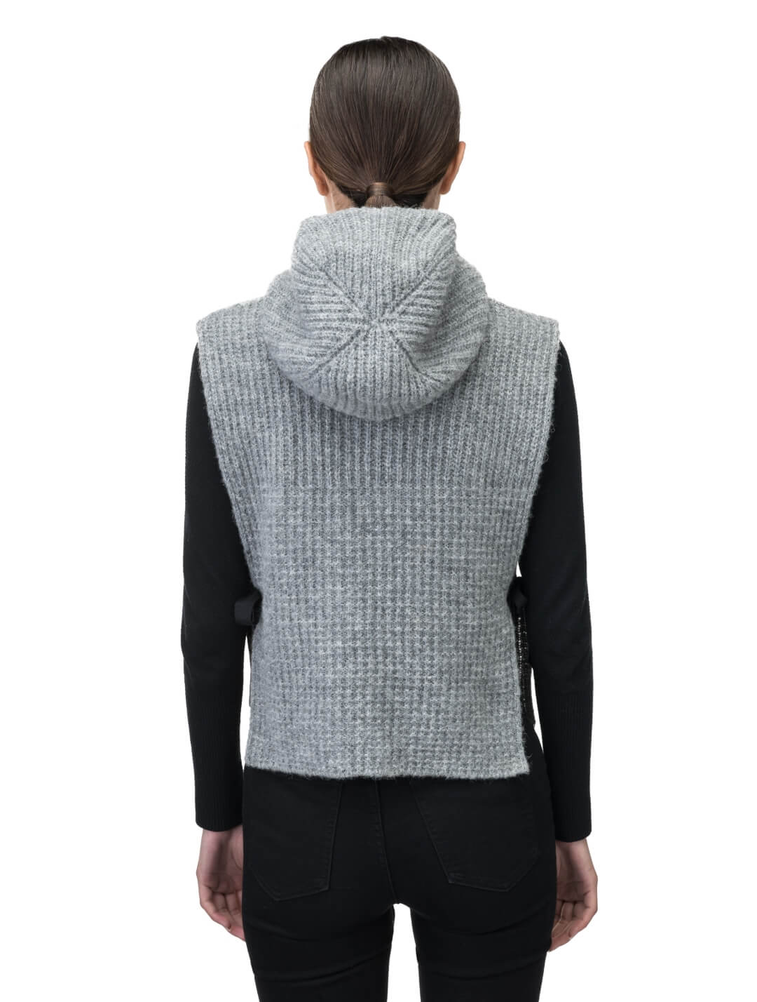 Nars Unisex Knit Hooded Dickie in in superfine alpaca and merino wool blend, waist length, fitted hood, sleeveless torso, and side webbing straps to adjust fit, in Grey Melange