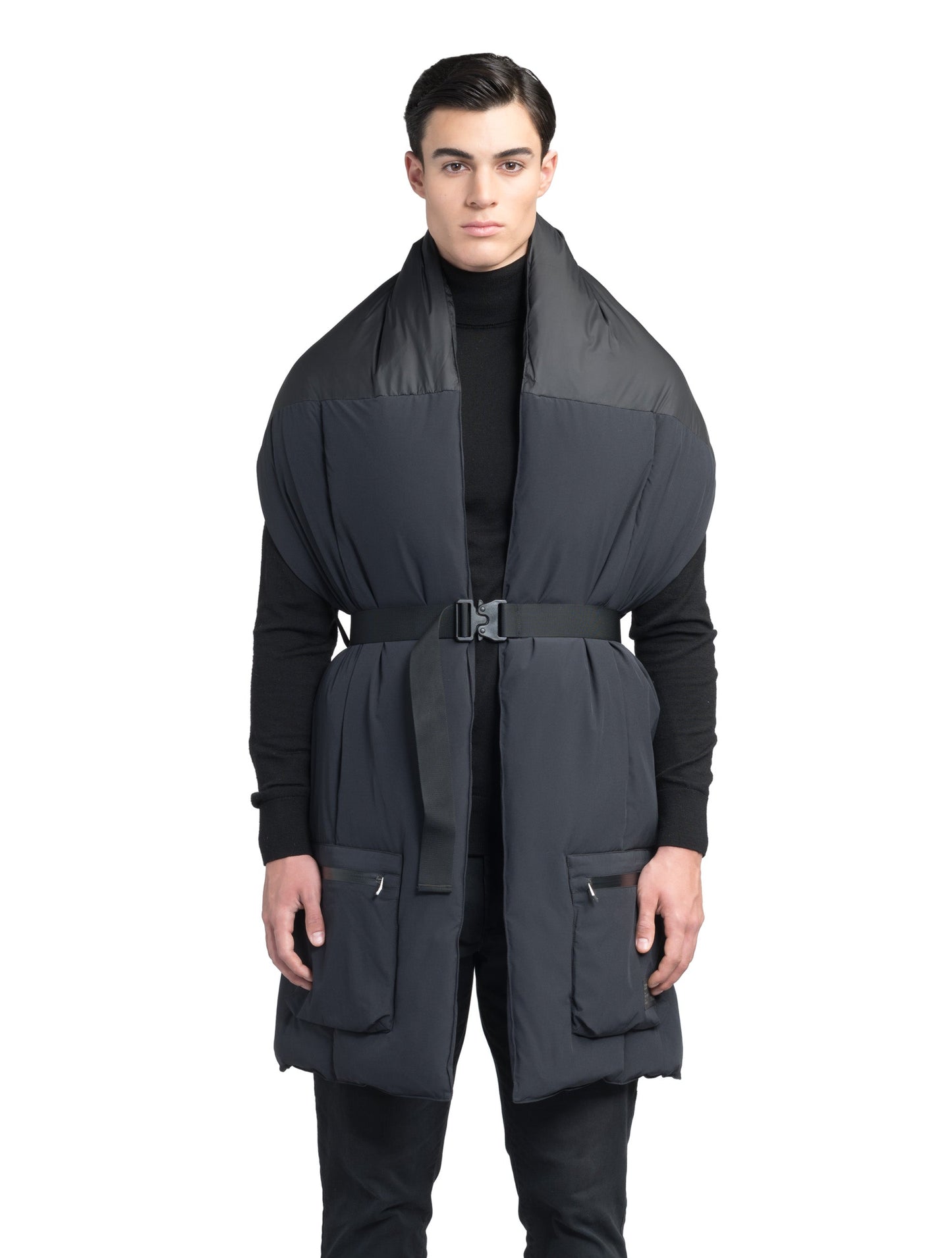 Chroma Unisex Oversized Puffer Scarf in stretch ripstop and taffeta nylon in a quilted pattern, Canadian White Duck Down insulation, cobra buckle belt with webbing strap, and large zipper pocket at scarf end, in Black