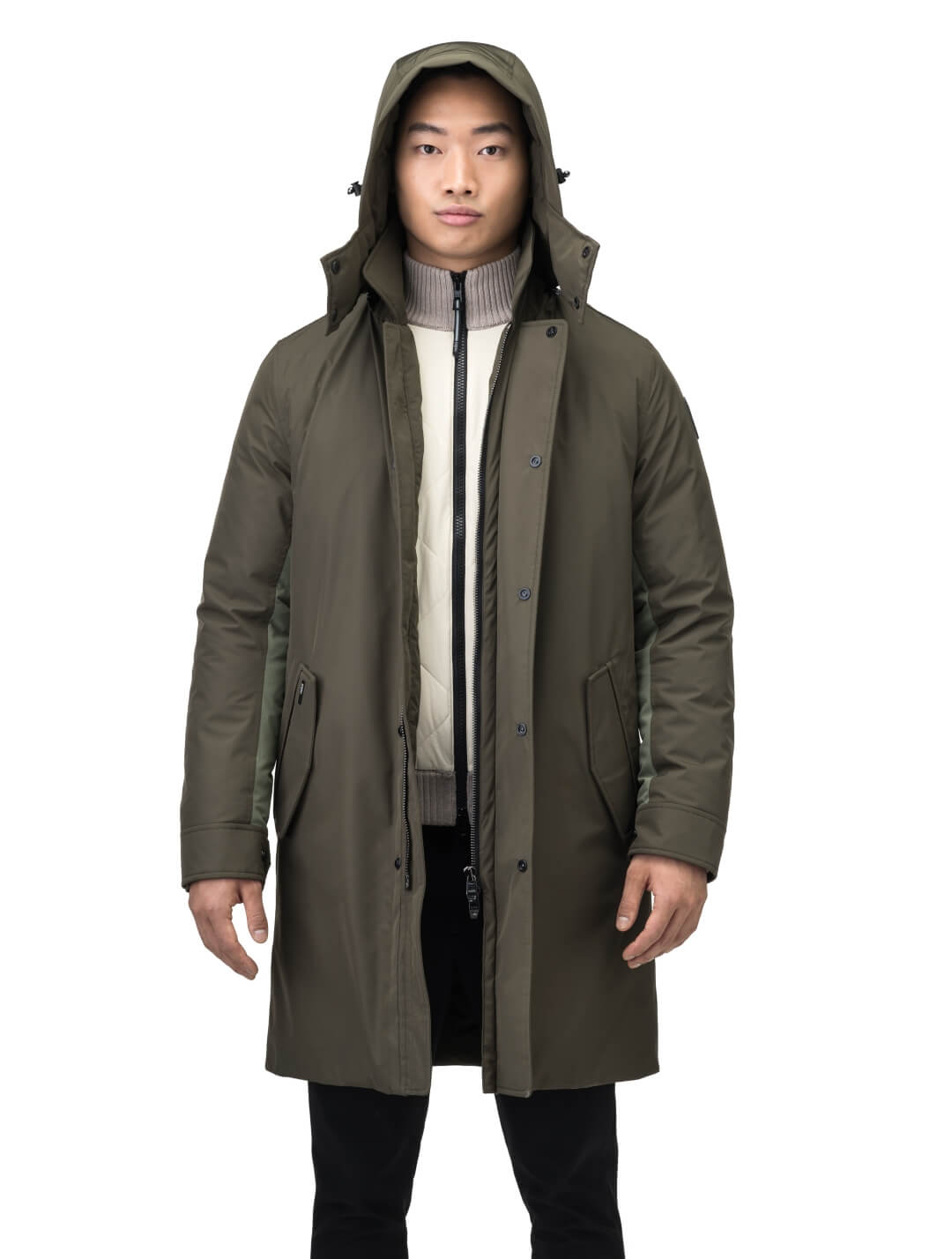 Nord Men's Tailored Trench Coat in knee length, 3-Ply Micro Denier and 4-Way Durable Stretch Weave fabrication, Premium Canadian White Duck Down insulation, removable down-filled hood, exterior zipper pocket at left chest, and adjustable snap button cuffs, in Fatigue/Eden