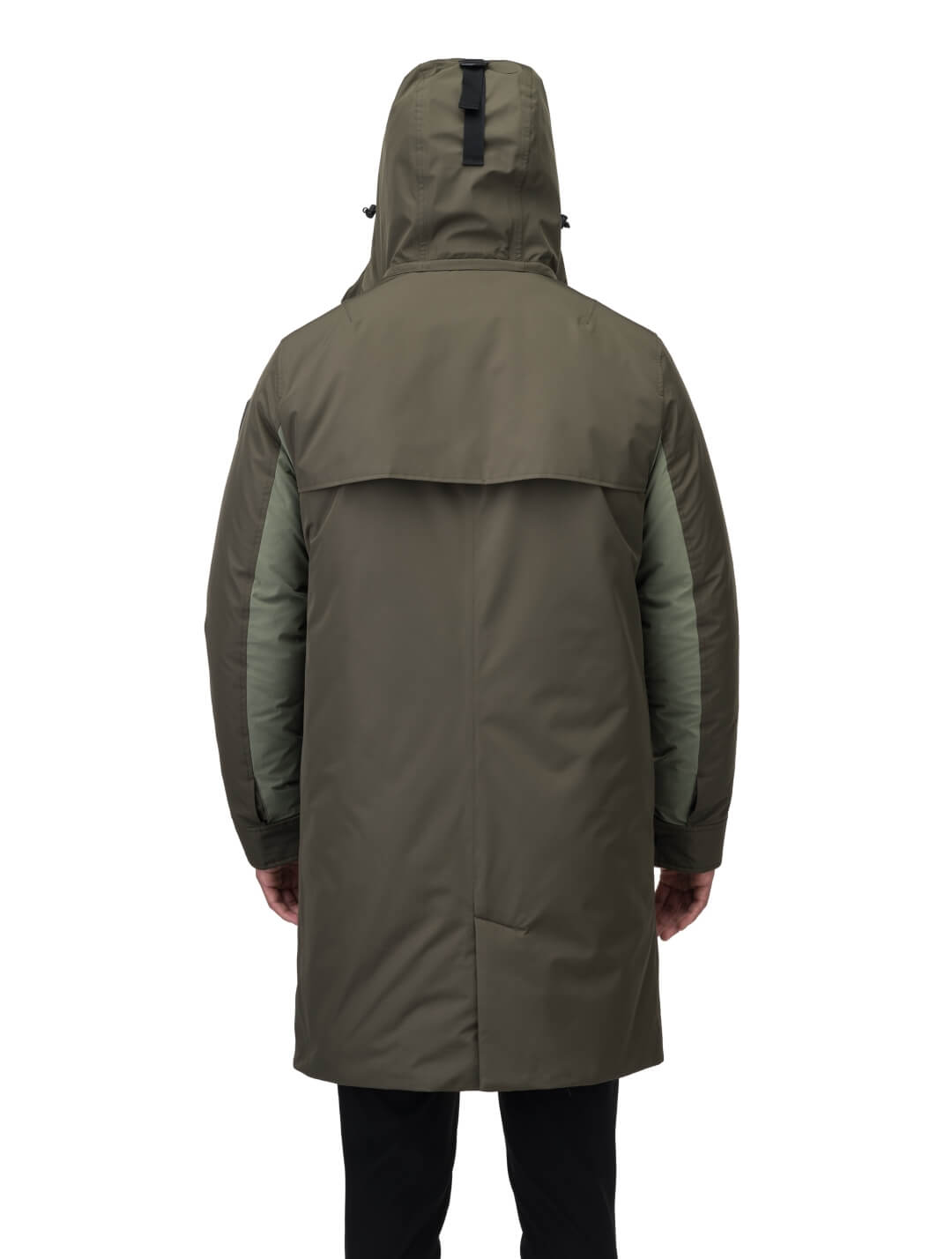 Nord Men's Tailored Trench Coat in knee length, 3-Ply Micro Denier and 4-Way Durable Stretch Weave fabrication, Premium Canadian White Duck Down insulation, removable down-filled hood, exterior zipper pocket at left chest, and adjustable snap button cuffs, in Fatigue/Eden