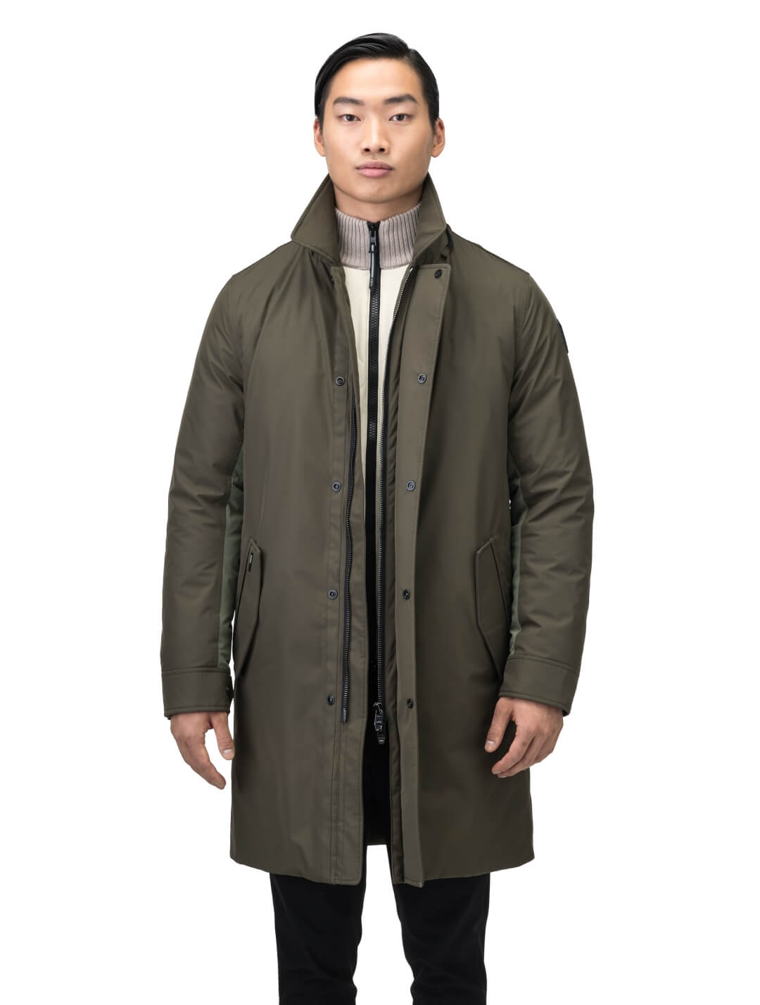 Nord Men's Tailored Trench Coat in knee length, 3-Ply Micro Denier and 4-Way Durable Stretch Weave fabrication, Premium Canadian White Duck Down insulation, removable down-filled hood, exterior zipper pocket at left chest, and adjustable snap button cuffs, in Fatigue/Eden