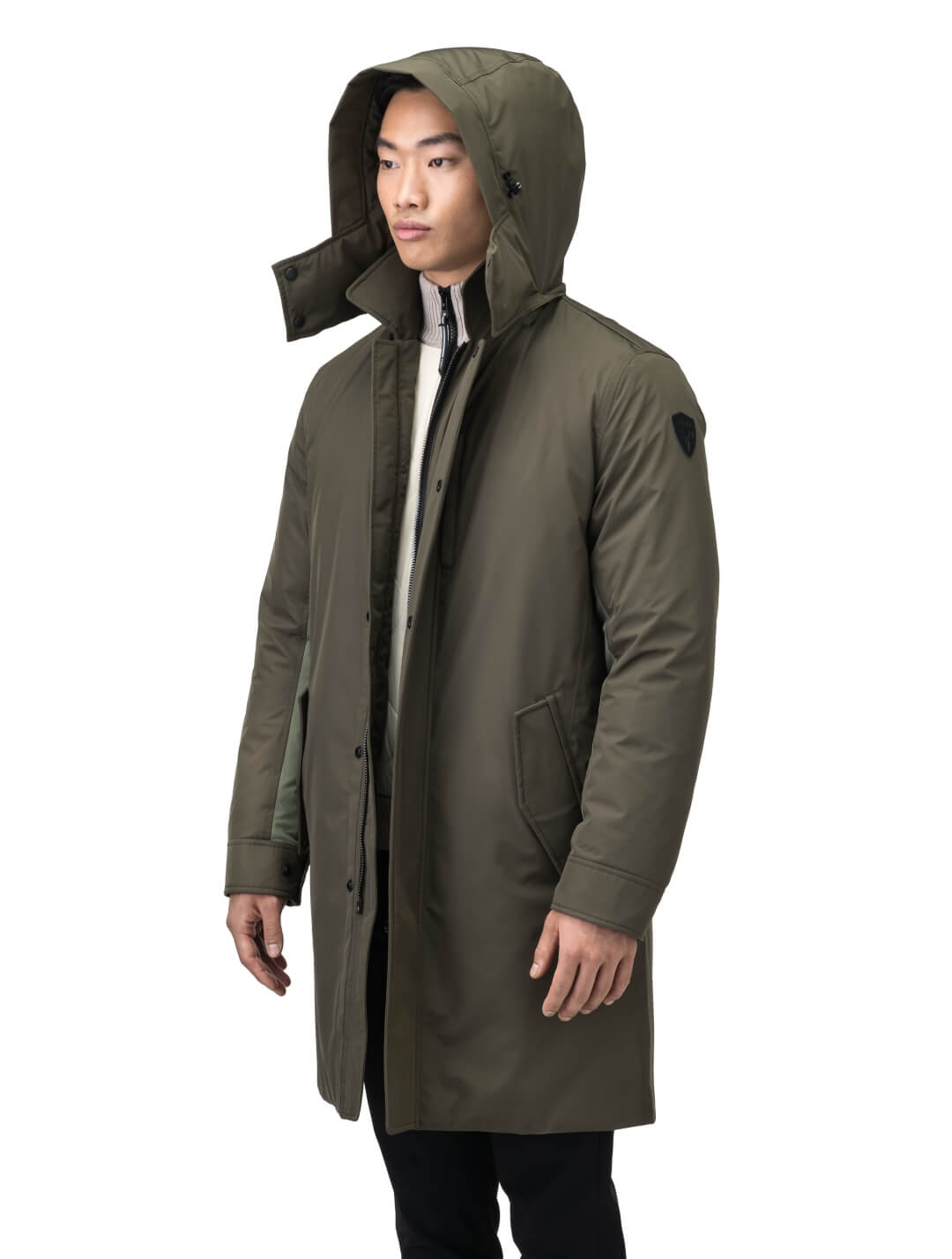 Nord Men's Tailored Trench Coat in knee length, 3-Ply Micro Denier and 4-Way Durable Stretch Weave fabrication, Premium Canadian White Duck Down insulation, removable down-filled hood, exterior zipper pocket at left chest, and adjustable snap button cuffs, in Fatigue/Eden