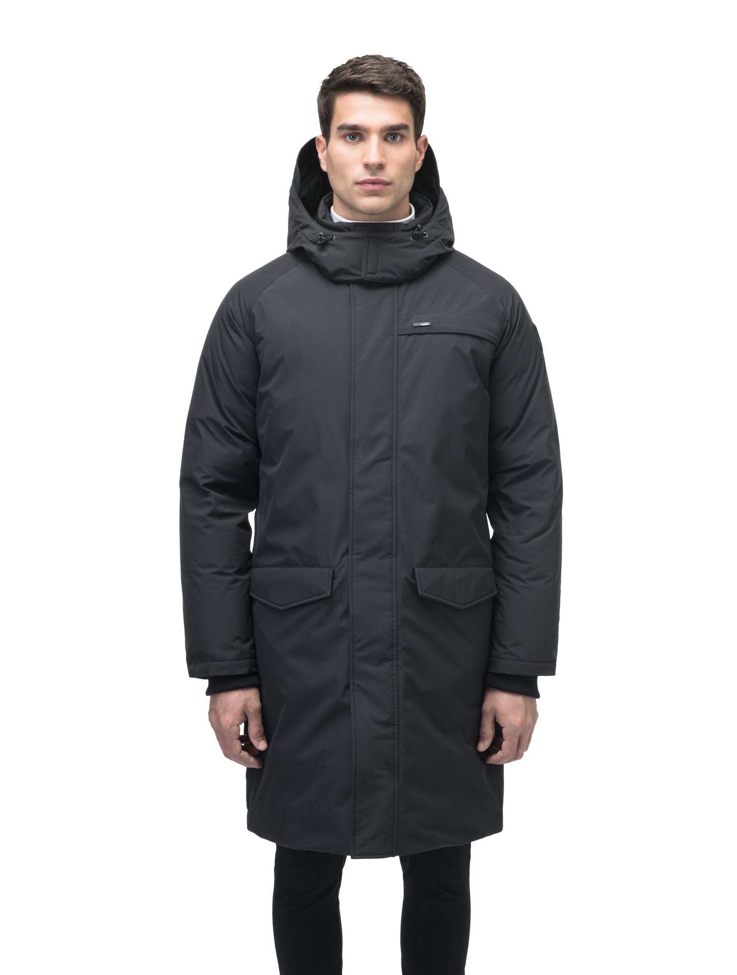 Men's knee length down-filled parka with removable hood in Black