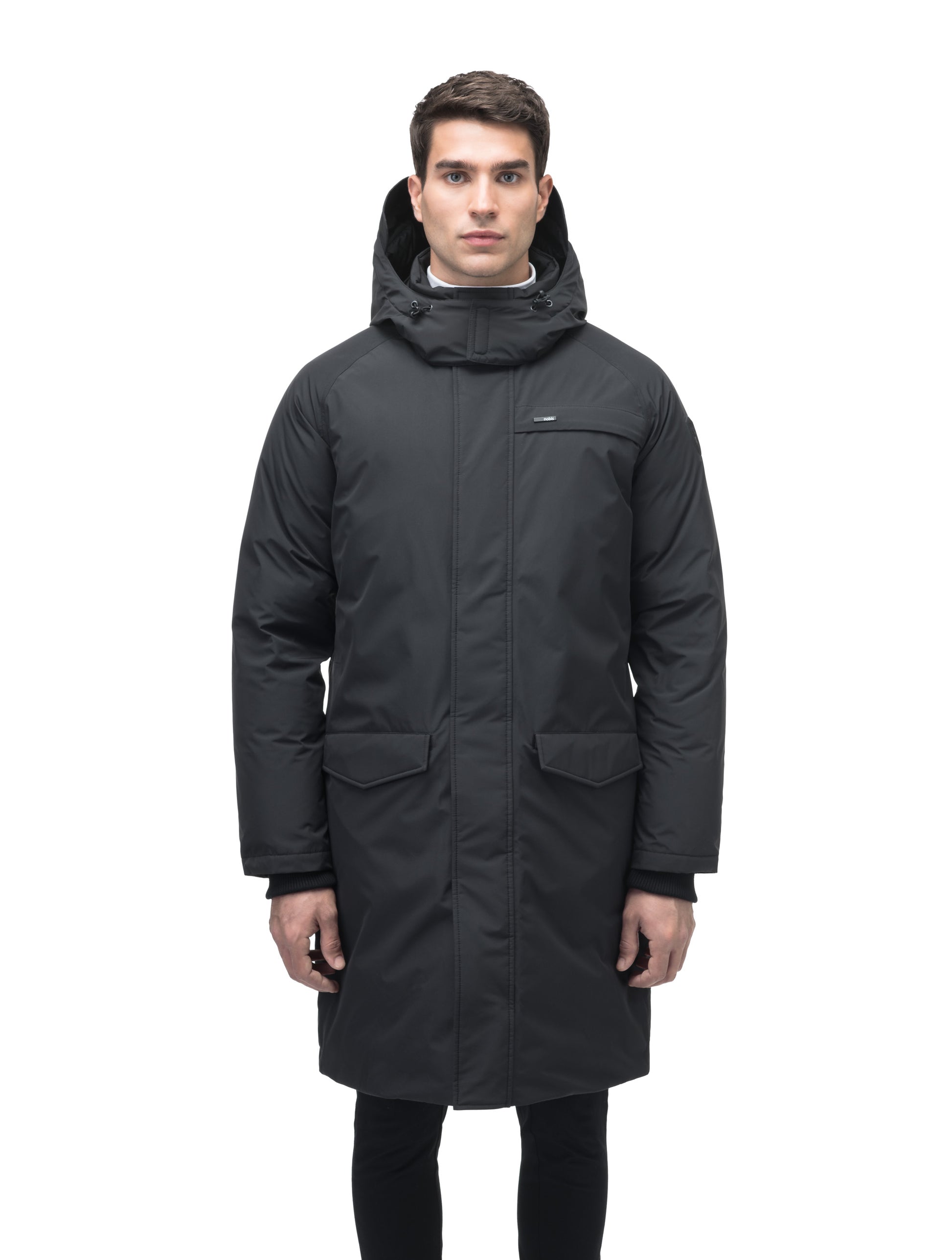 Men's knee length down-filled parka with removable hood in Black