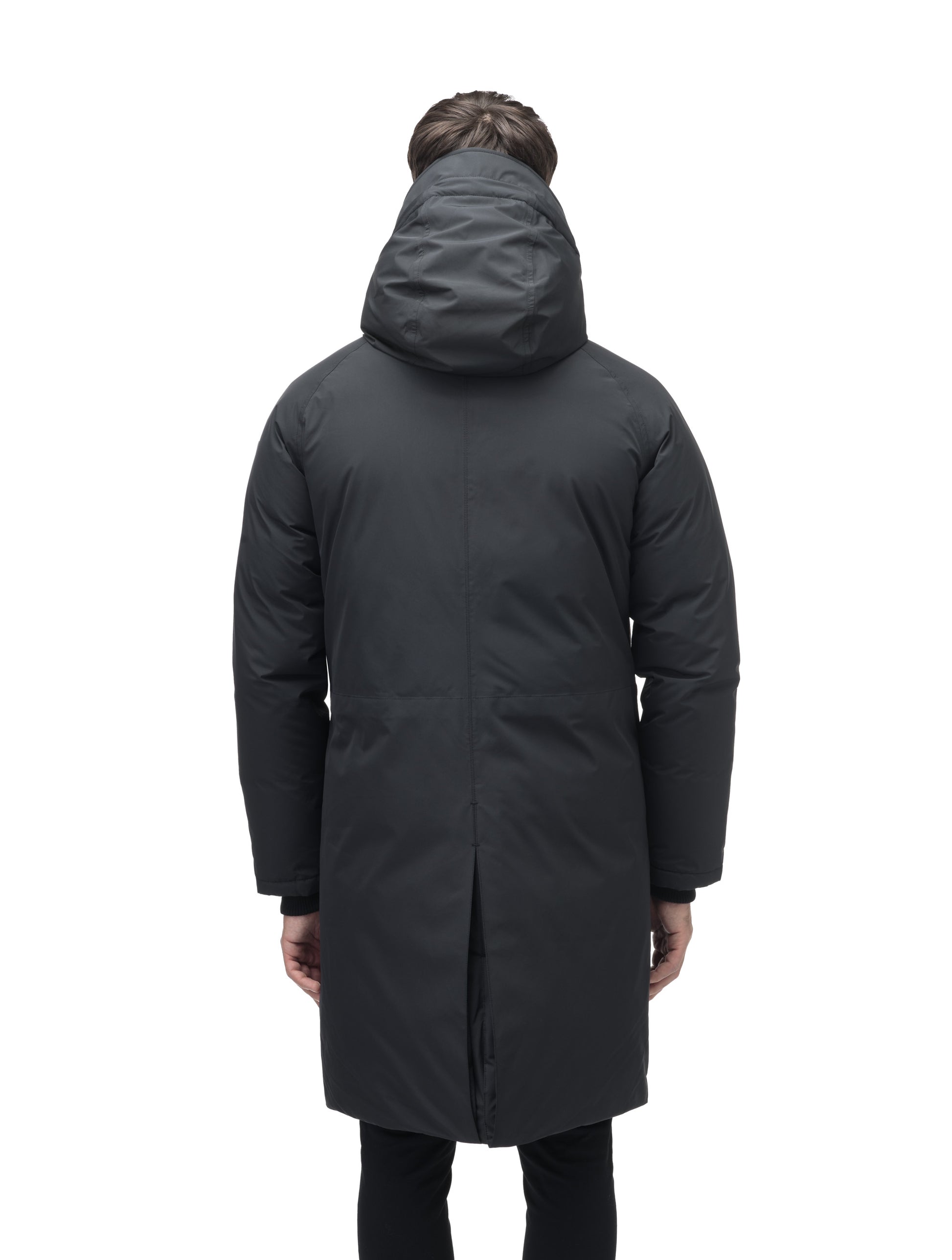 Men's knee length down-filled parka with removable hood in Black