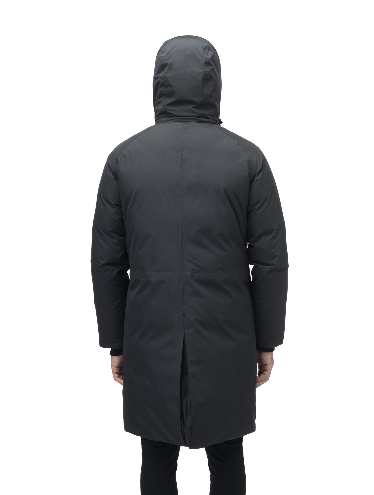 Men's knee length down-filled parka with removable hood in Black