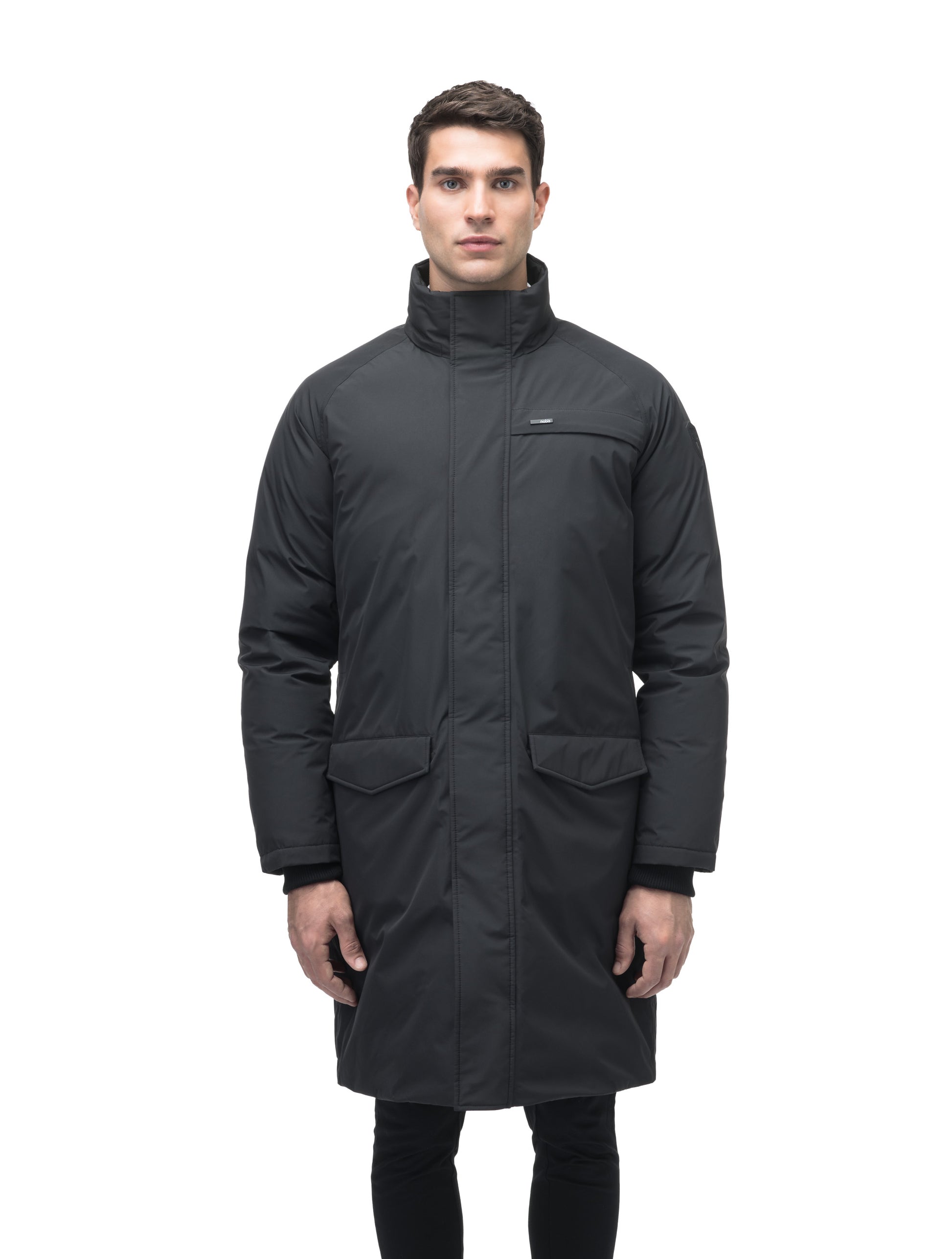 Men's knee length down-filled parka with removable hood in Black