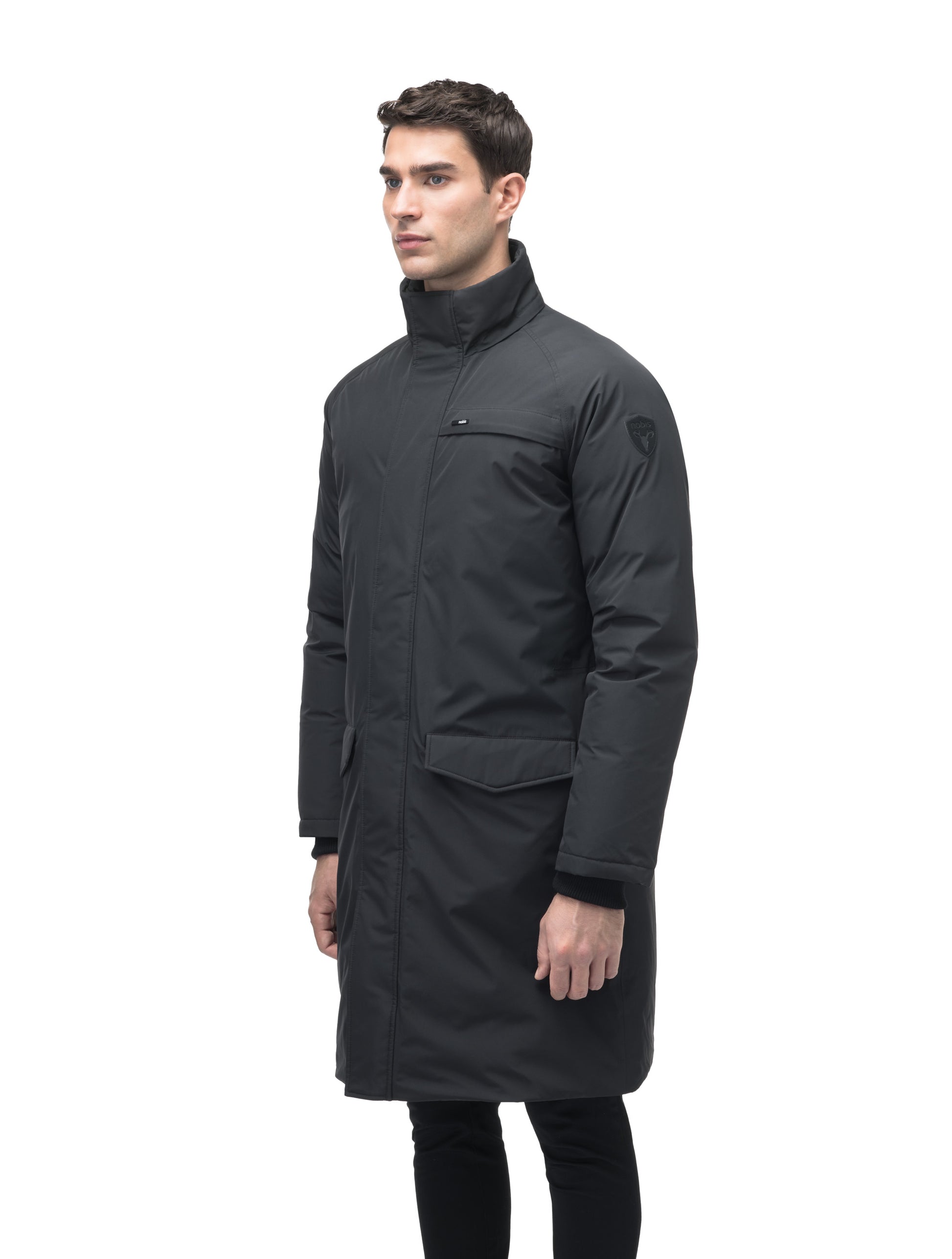 Men's knee length down-filled parka with removable hood in Black