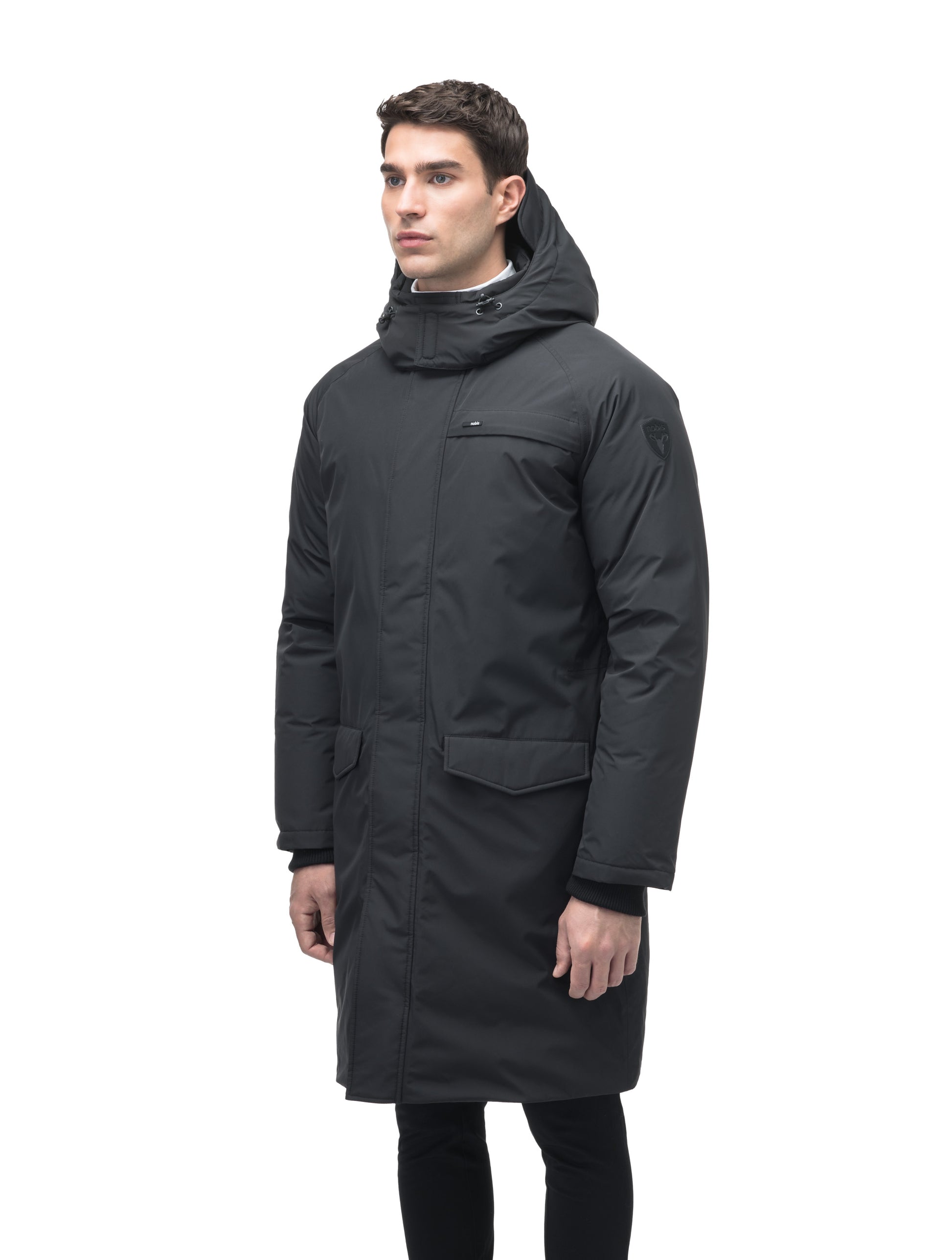 Men's knee length down-filled parka with removable hood in Black