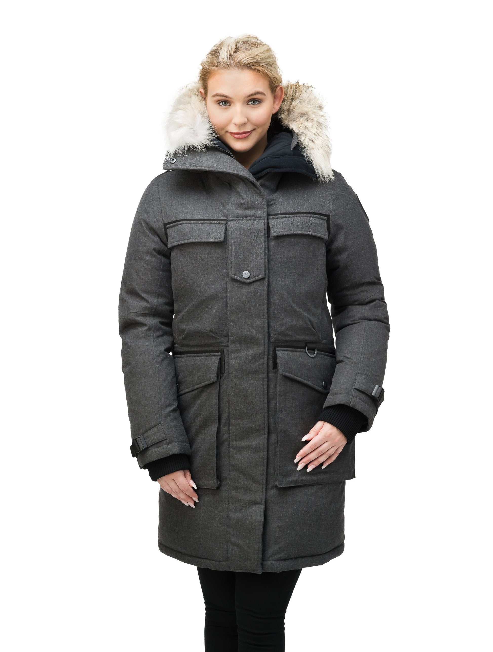 Women's extreme parka with our highest down filling and a removable down filled hood in H. Charcoal