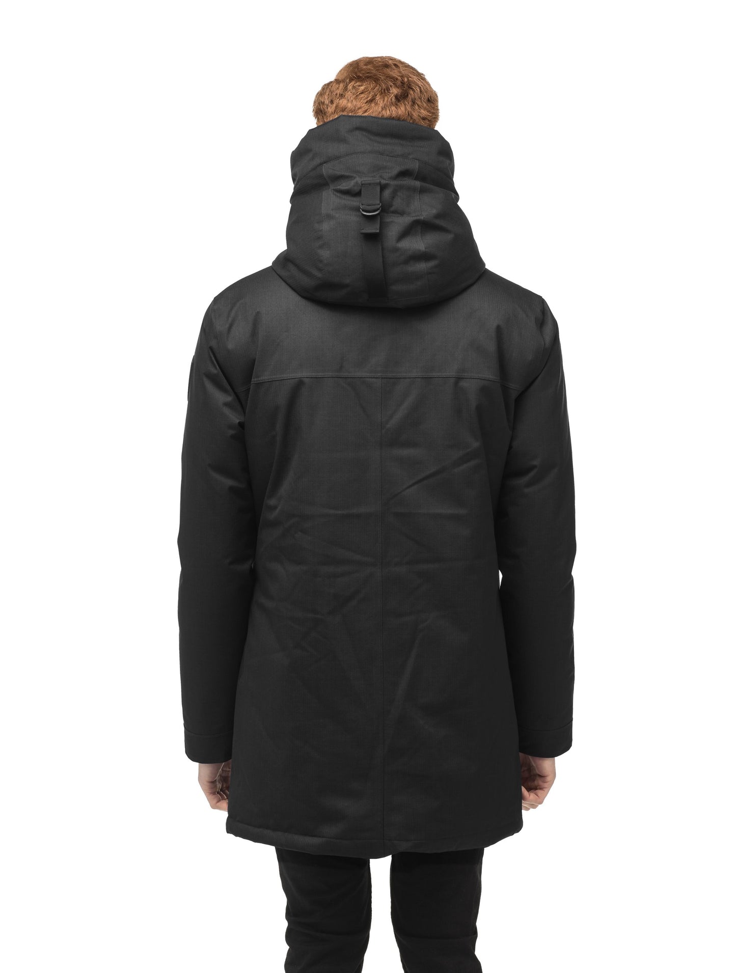 Pierre Men's Jacket in thigh length, Canadian white duck down insulation, non-removable down-filled hood, angled waist pockets, centre-front zipper with wind flap, and elastic ribbed cuffs, in CH Black