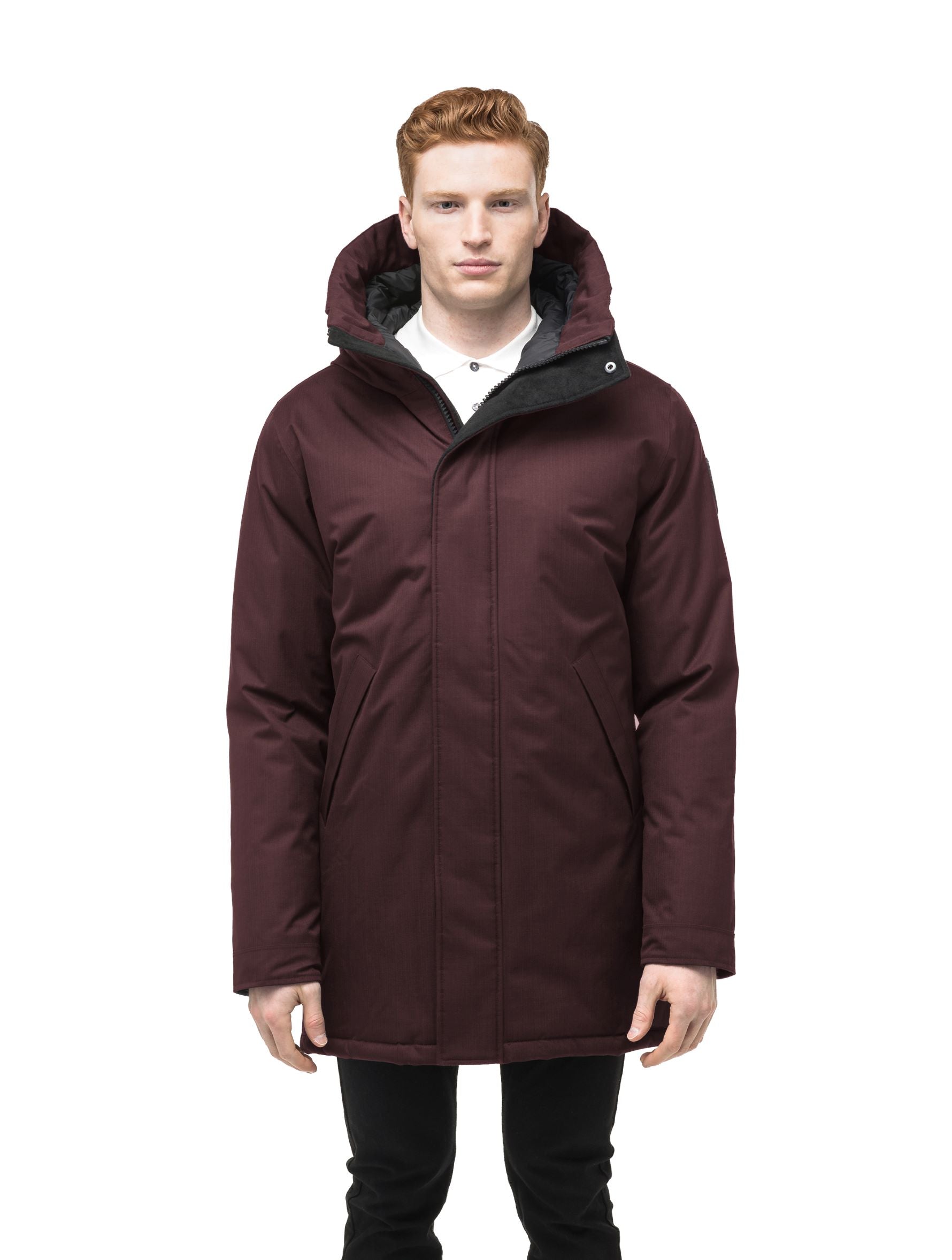 Pierre Men's Jacket in thigh length, Canadian white duck down insulation, non-removable down-filled hood, angled waist pockets, centre-front zipper with wind flap, and elastic ribbed cuffs, in CH Merlot