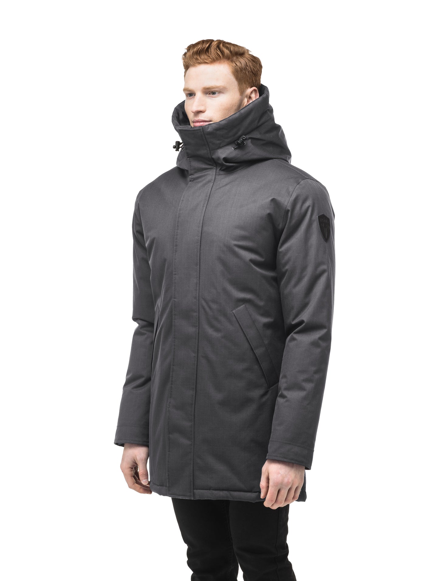 Pierre Men's Jacket in thigh length, Canadian white duck down insulation, non-removable down-filled hood, angled waist pockets, centre-front zipper with wind flap, and elastic ribbed cuffs, in CH Steel Grey