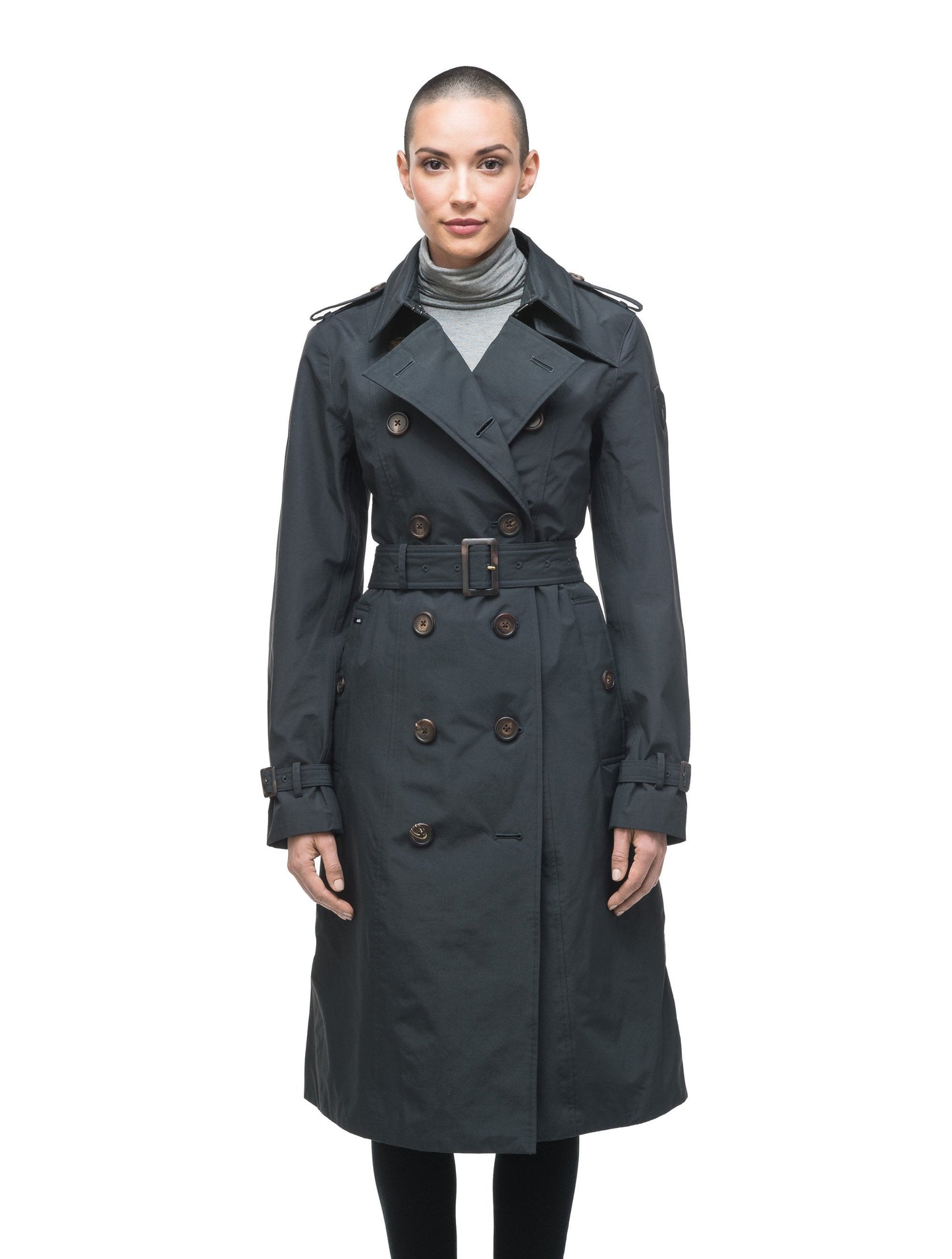 Women's knee length trench coat with removable belt in Black