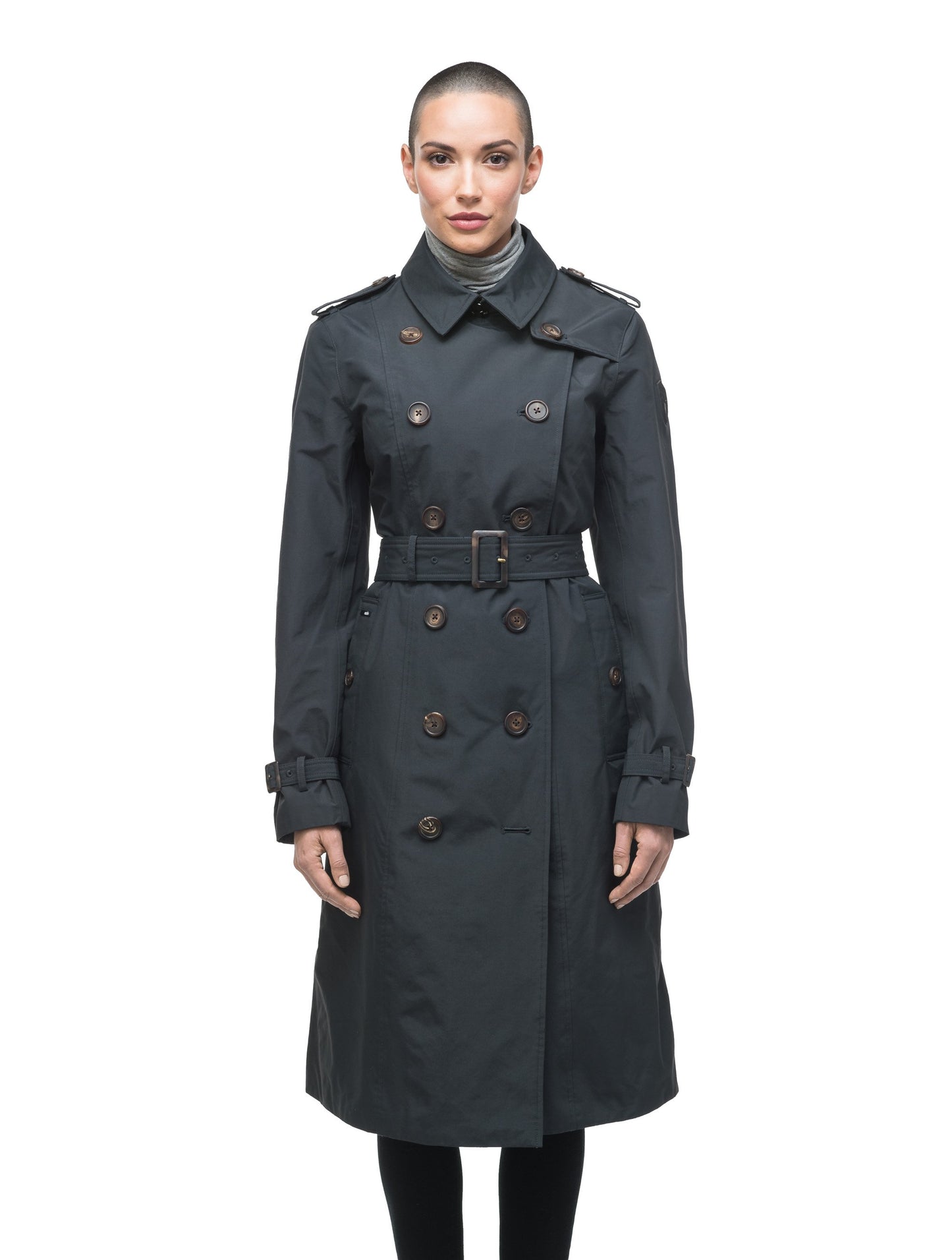 Women's knee length trench coat with removable belt in Navy