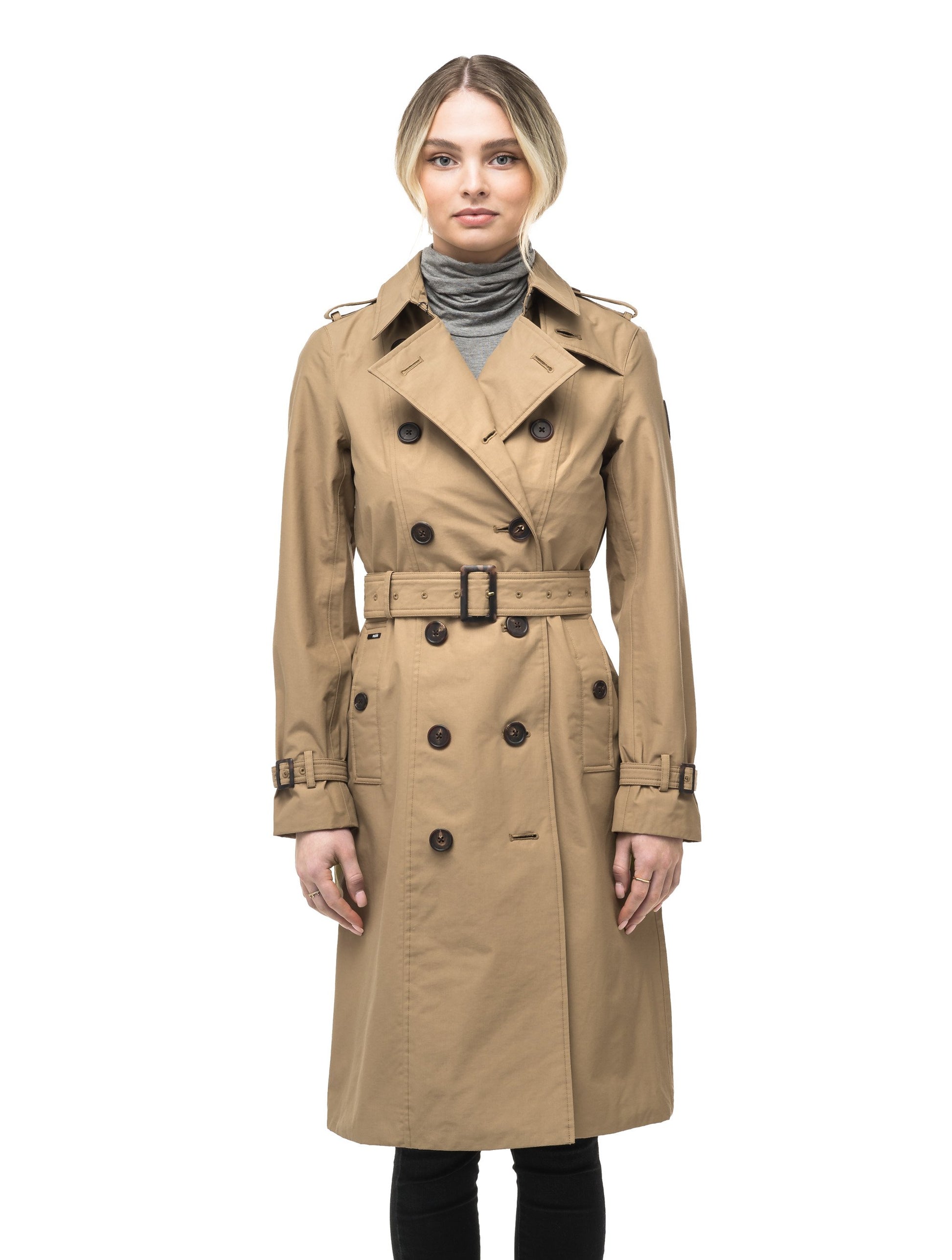 Women's knee length trench coat with removable belt in Cork