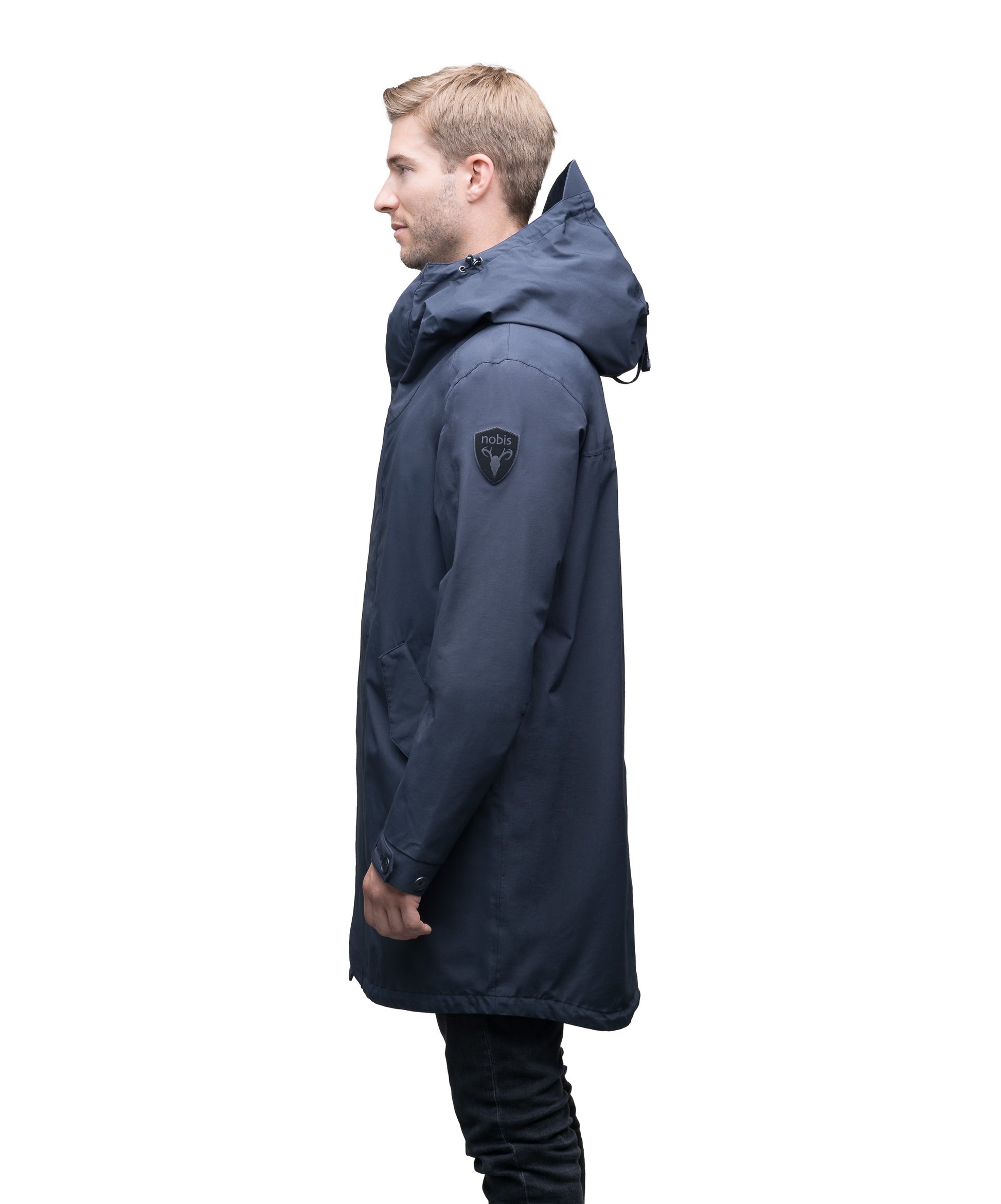 Men's thigh length hooded rain jacket with non-removable hood in Navy