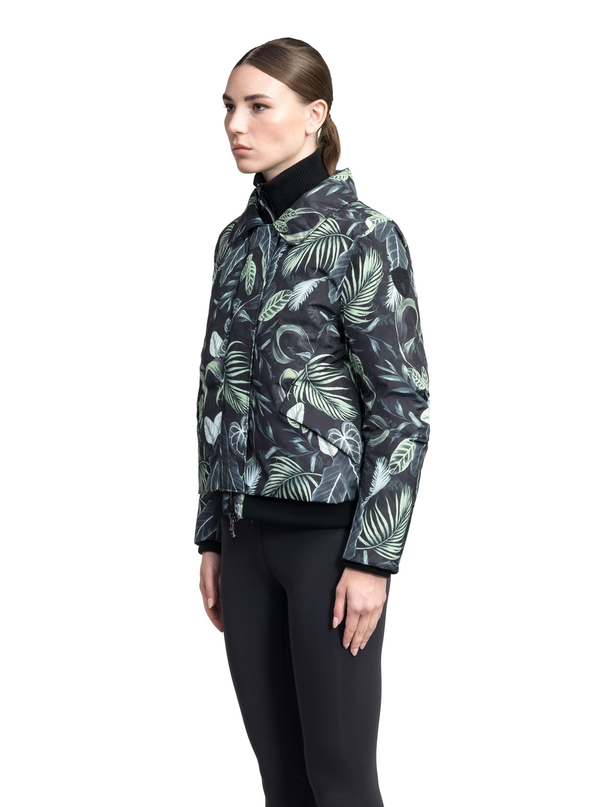 Rae Ladies Aviator Jacket in hip length, Canadian duck down insulation, removable shearling collar with hidden tuckable hood, and two-way front zipper, in Foliage
