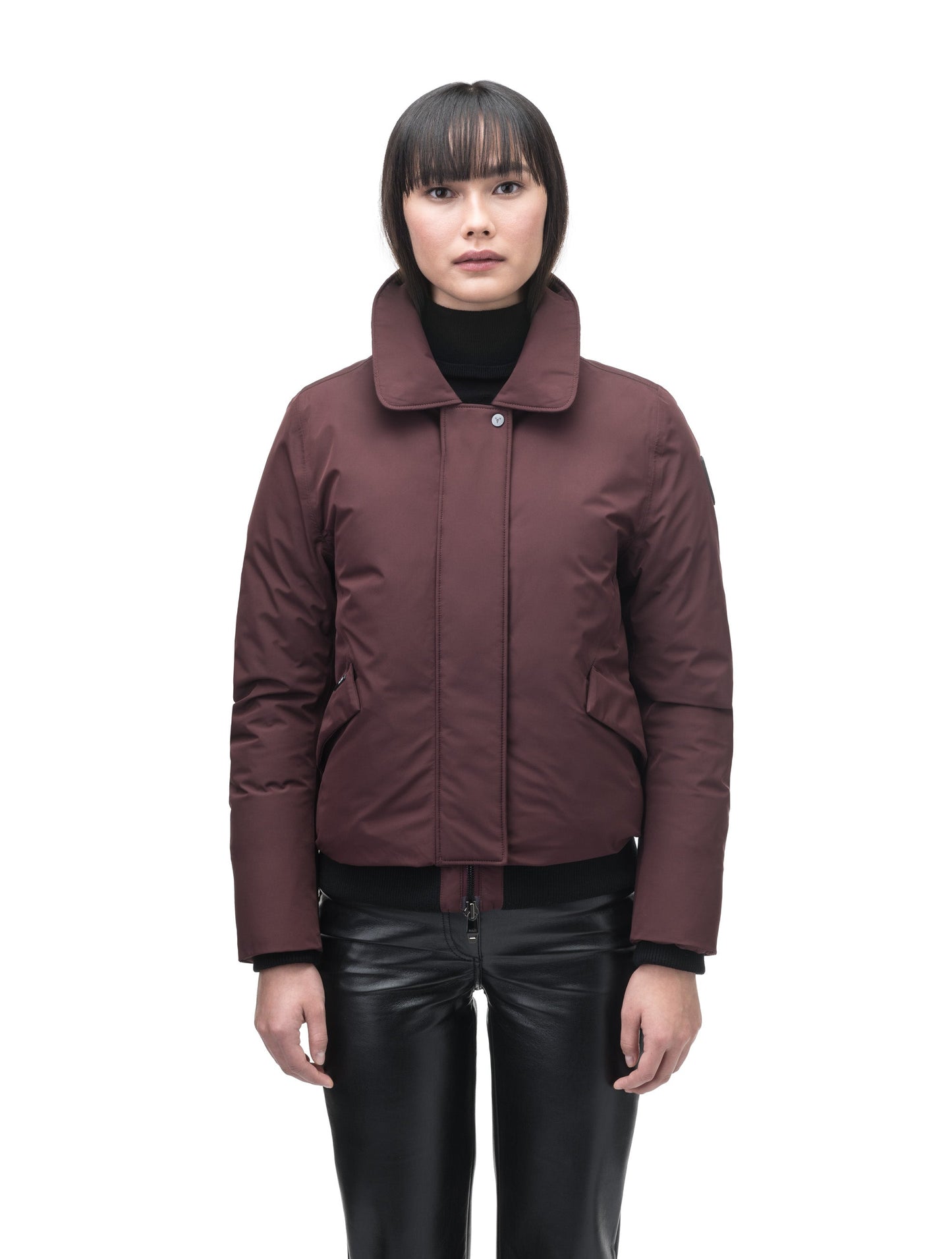 Rae Ladies Aviator Jacket in hip length, Canadian duck down insulation, removable shearling collar with hidden tuckable hood, and two-way front zipper, in Merlot
