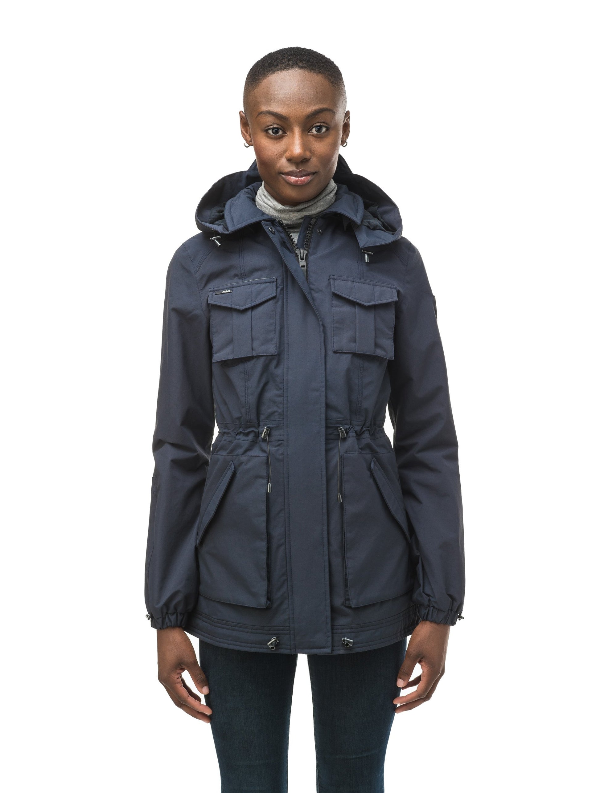 Women's hooded shirt jacket with four front pockets and adjustable waist in Navy