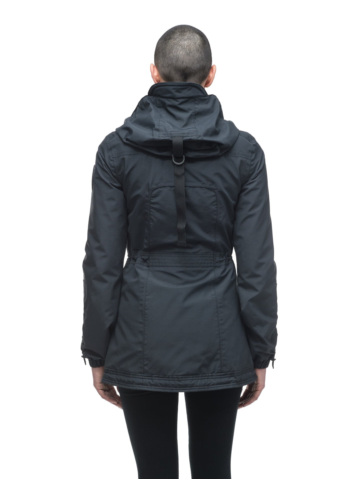 Women's hooded shirt jacket with four front pockets and adjustable waist in Black