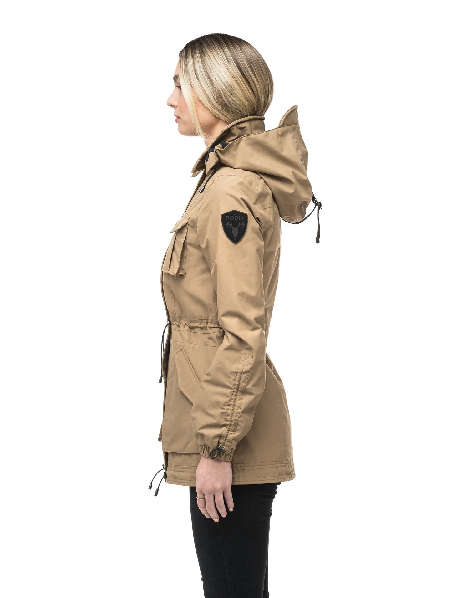 Women's hooded shirt jacket with four front pockets and adjustable waist in Cork