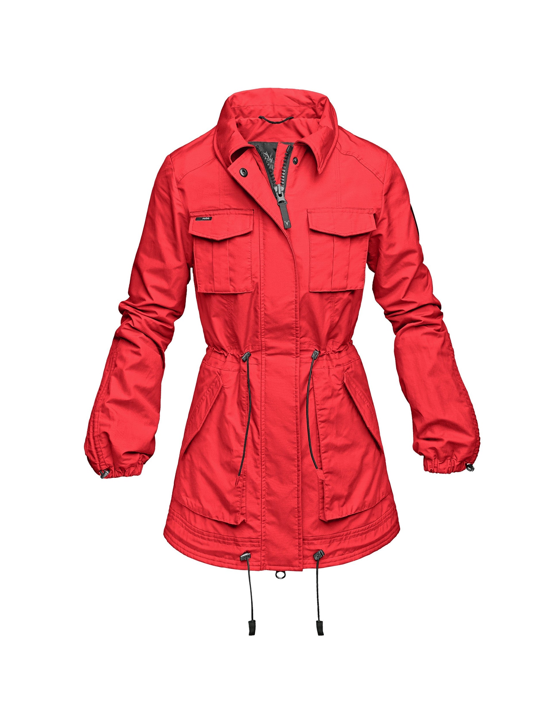 Women's hooded shirt jacket with four front pockets and adjustable waist in Red