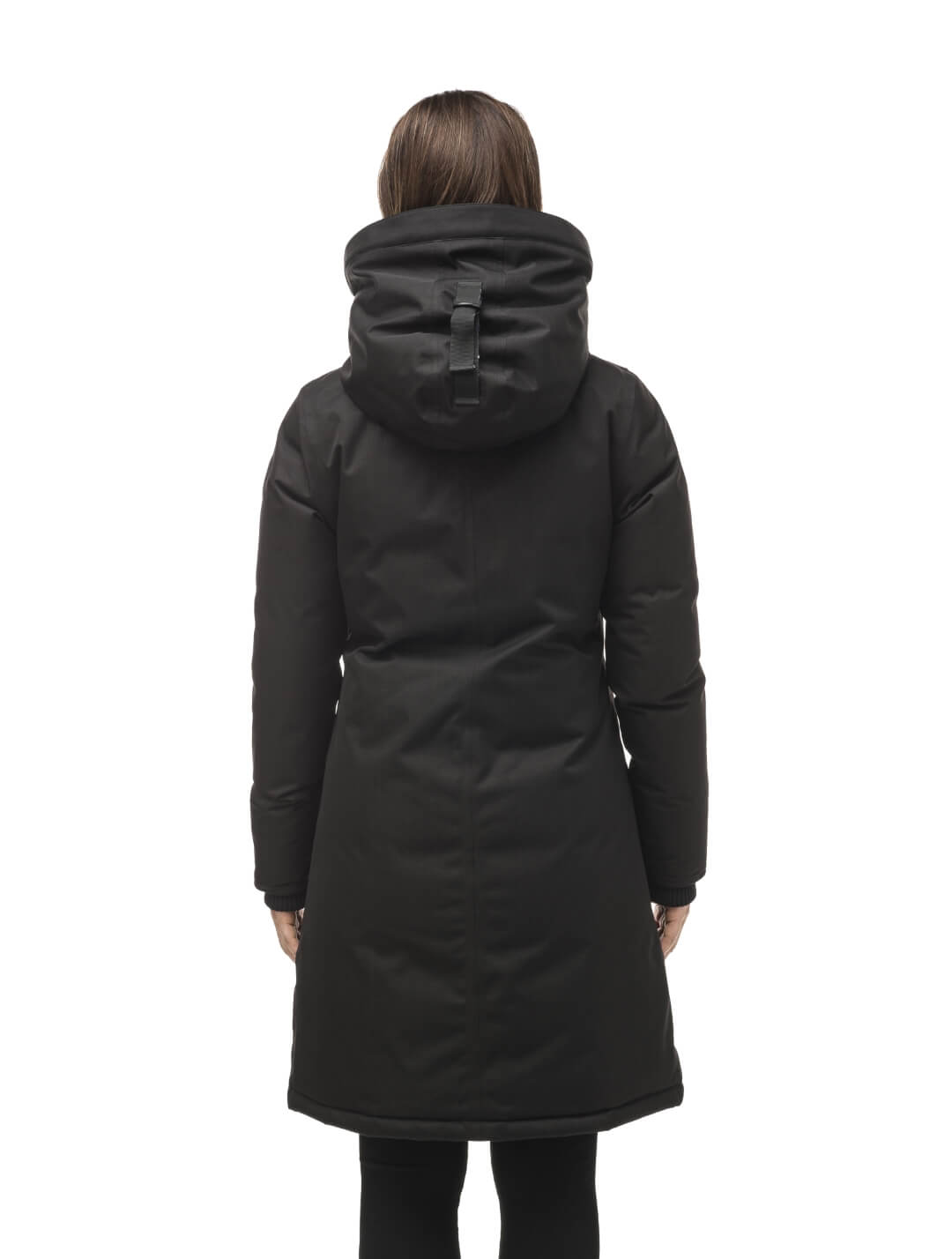 Rebecca Women's Parka in knee length, Canadian duck down insulation, two-way zipper with magnetic front placket, non-removable hood with removable coyote fur trim, in Black