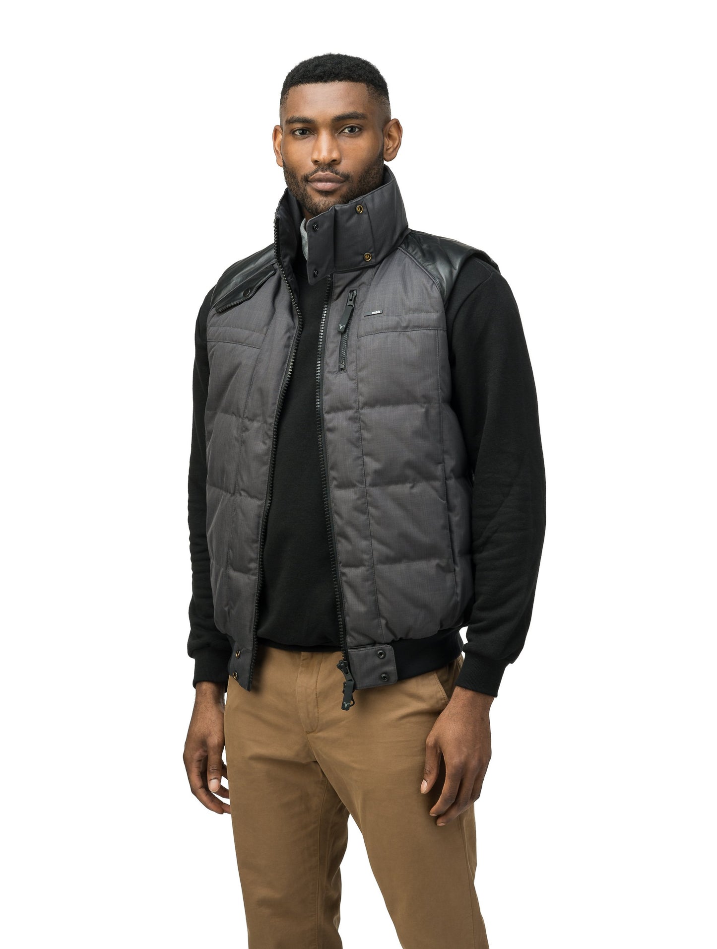 Men's down filled vest with Washable Japanese DWR leather acccent in CH Steel Grey