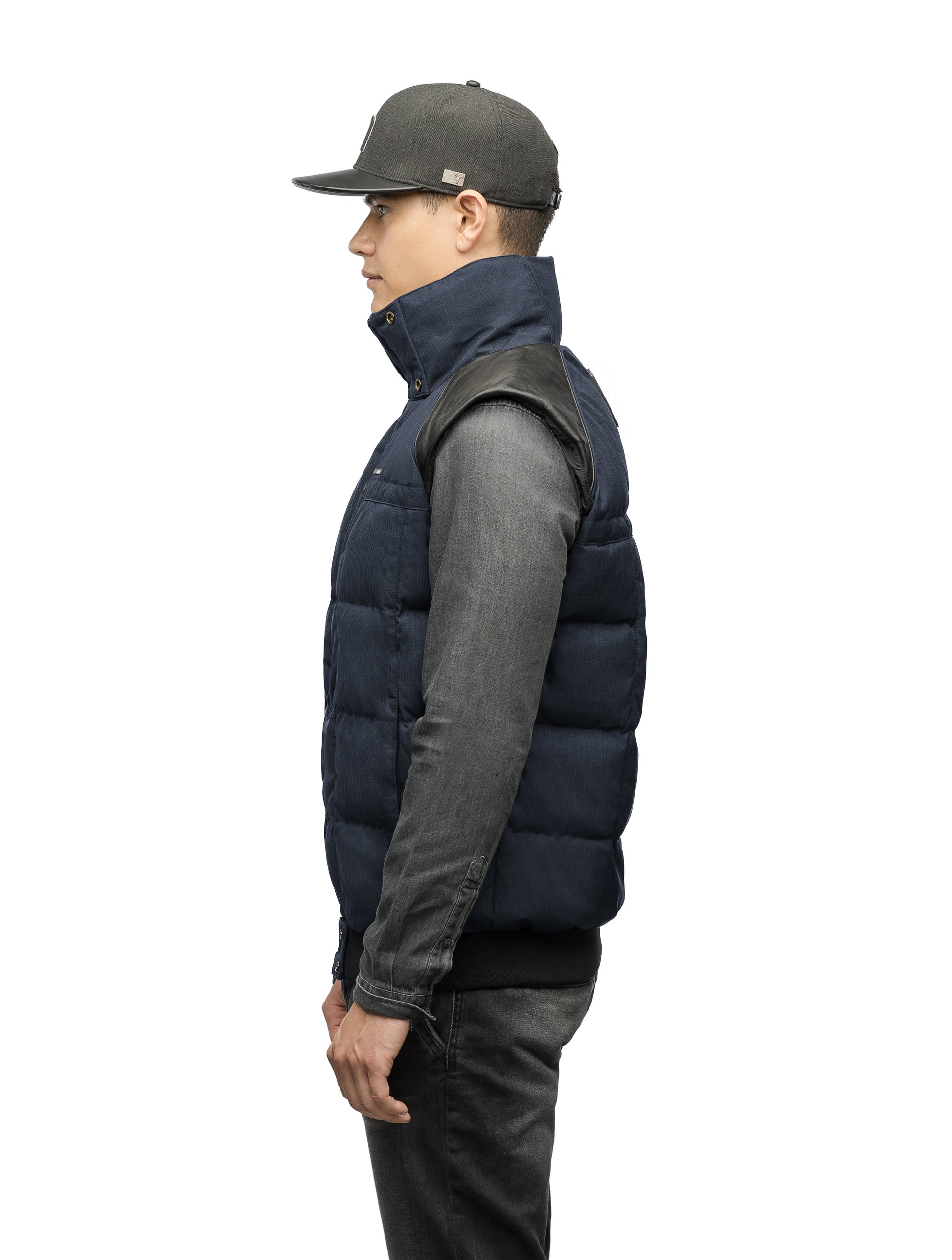 Men's down filled vest with Washable Japanese DWR leather acccent in CH Navy