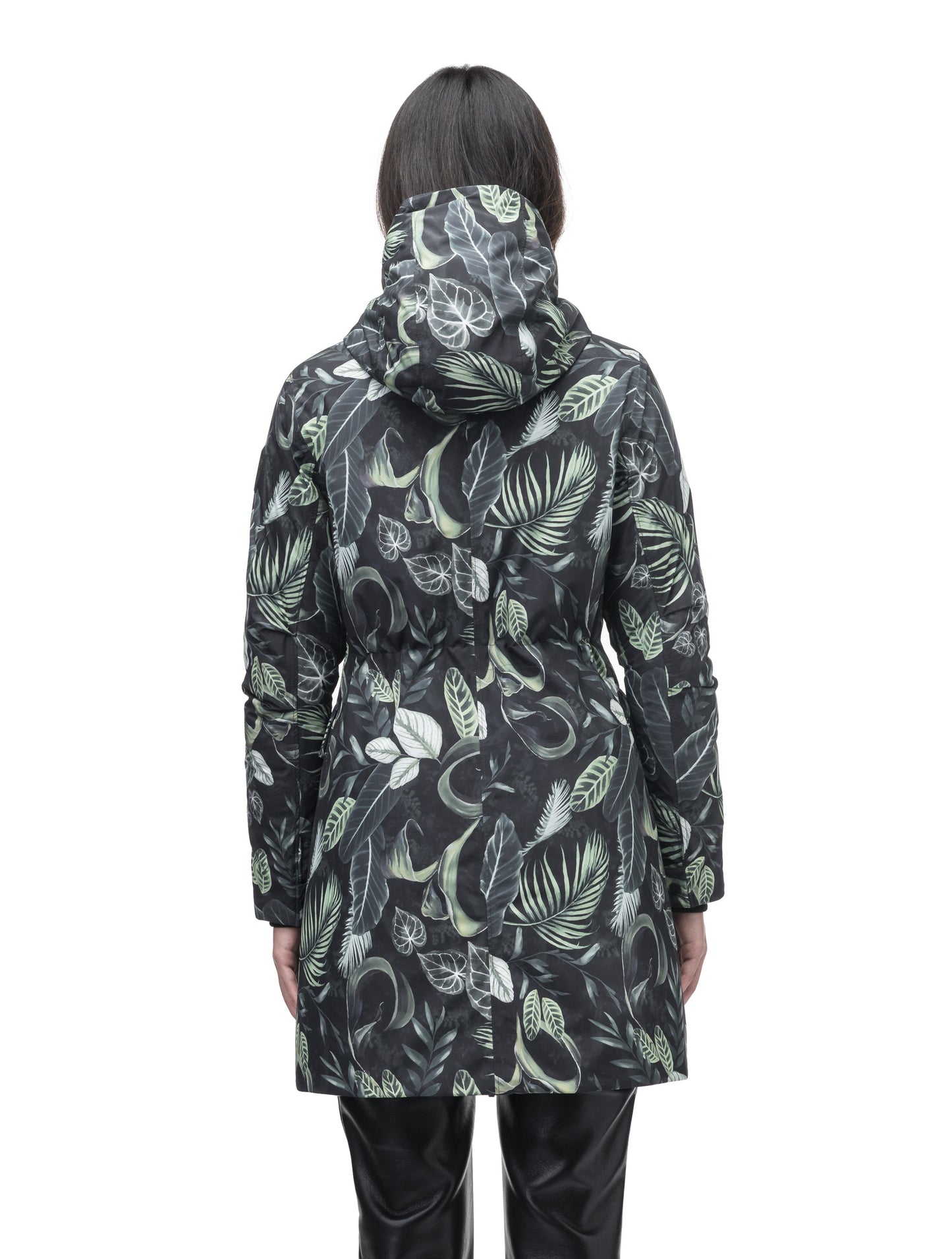 Romeda Ladies Mid Thigh Parka in thigh length, Canadian duck down insulation, non-removable hood with removable fur ruff trim, and two-way front zipper, in Foliage