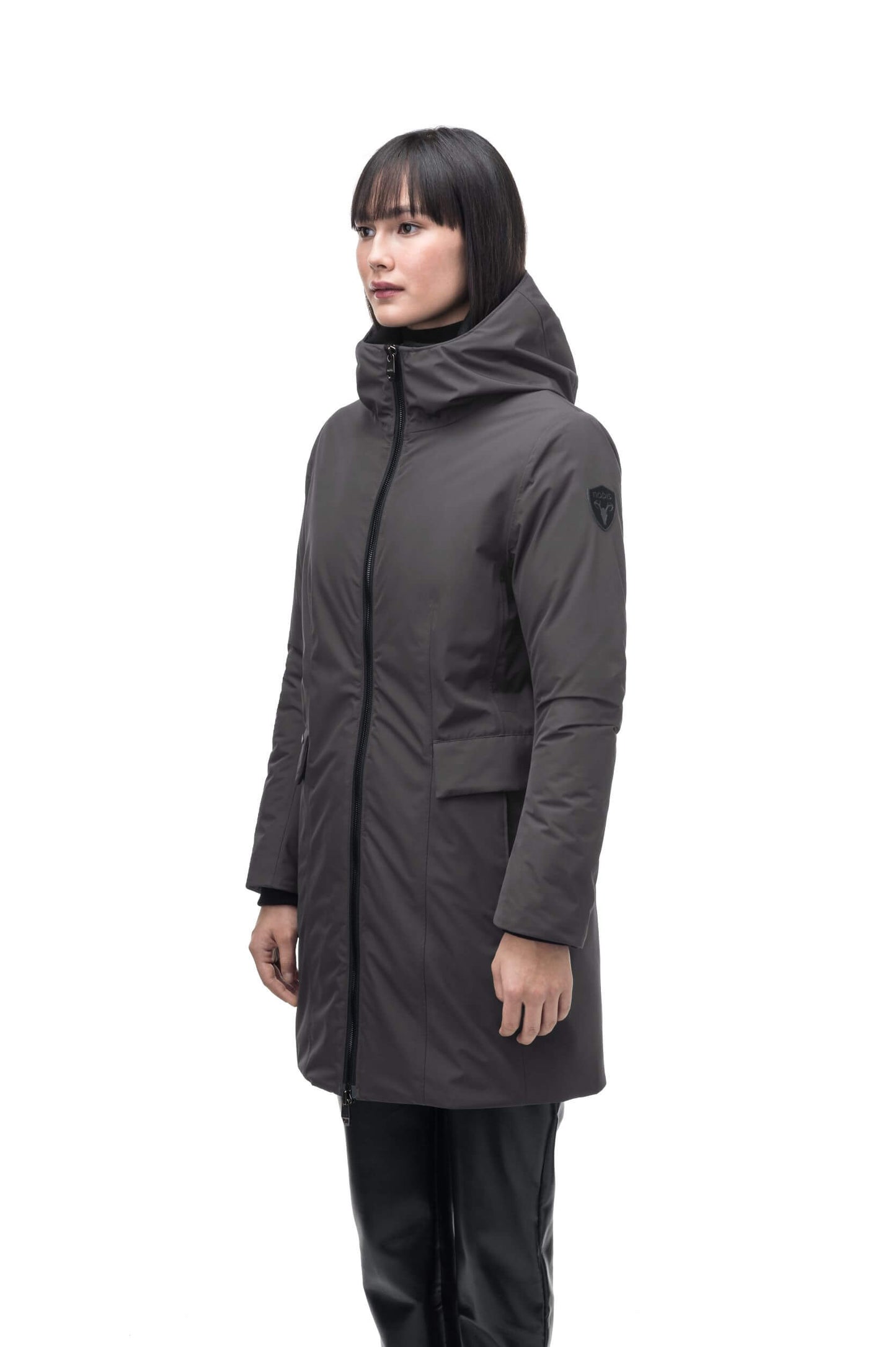 Romeda Furless Ladies Mid Thigh Parka in thigh length, Canadian duck down insulation, non-removable hood, and two-way front zipper, in Steel Grey