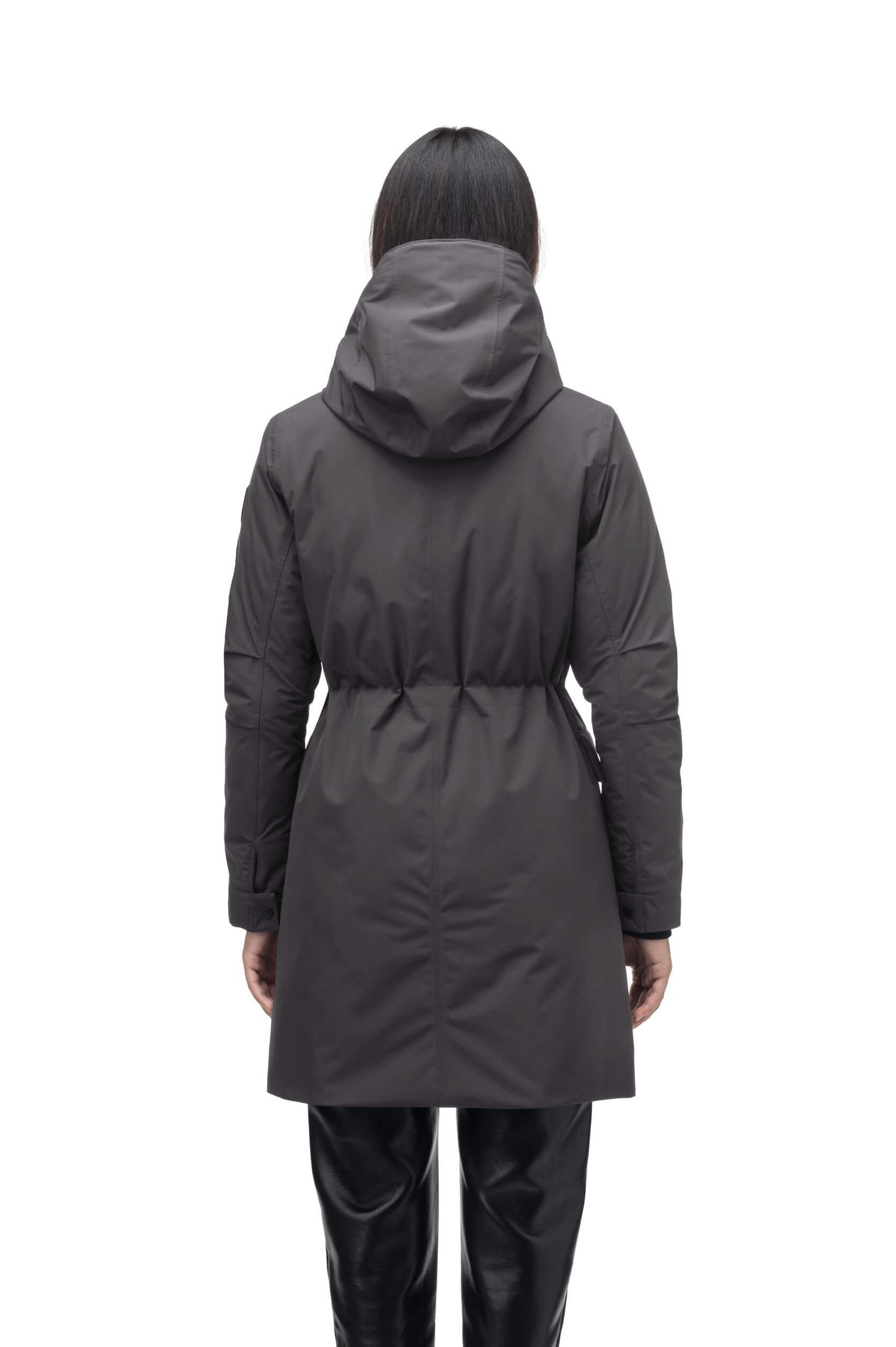 Romeda Furless Ladies Mid Thigh Parka in thigh length, Canadian duck down insulation, non-removable hood, and two-way front zipper, in Steel Grey