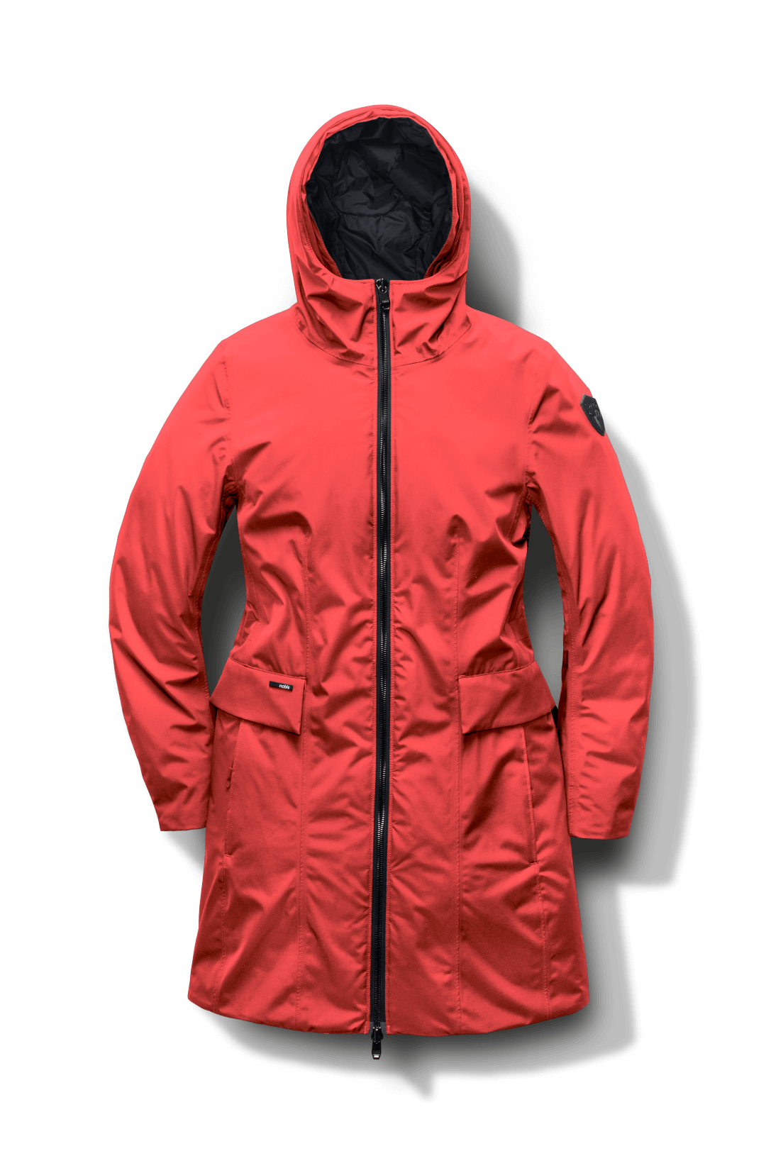 Romeda Ladies Mid Thigh Parka in thigh length, Canadian duck down insulation, non-removable hood with removable fur ruff trim, and two-way front zipper, in Vermillion